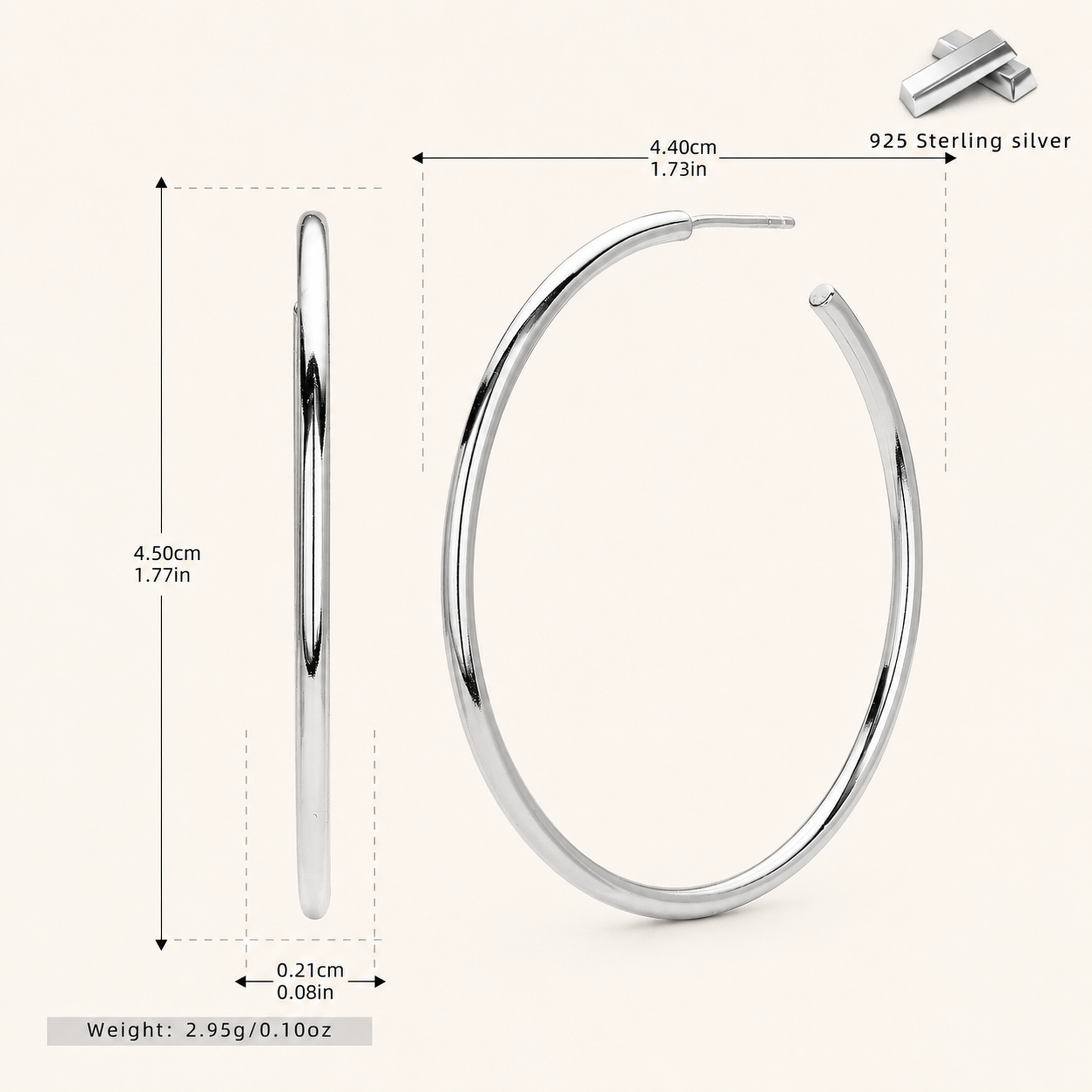 Sterling Silver Polished Round Hoop Earrings - Platinum / 40mm