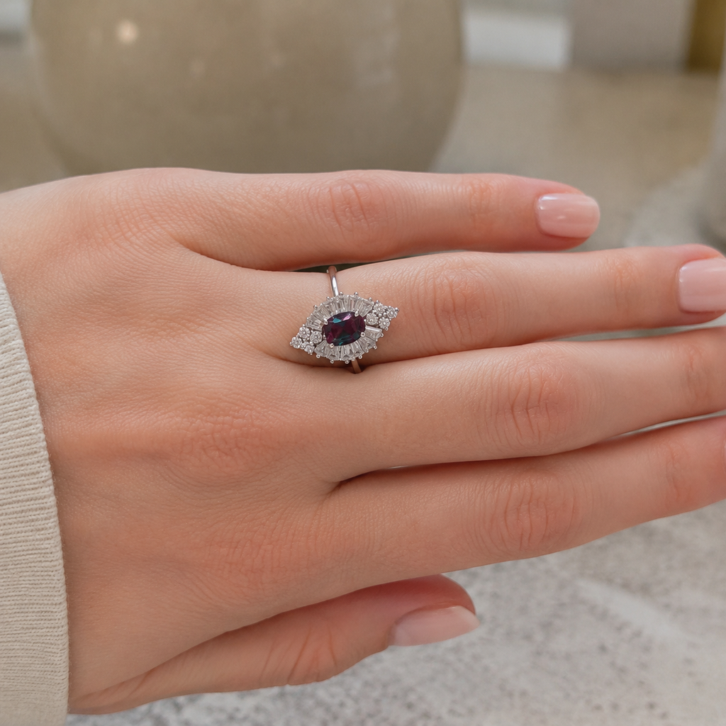 Sunspire Lab-Grown Alexandrite Ring worn on hand