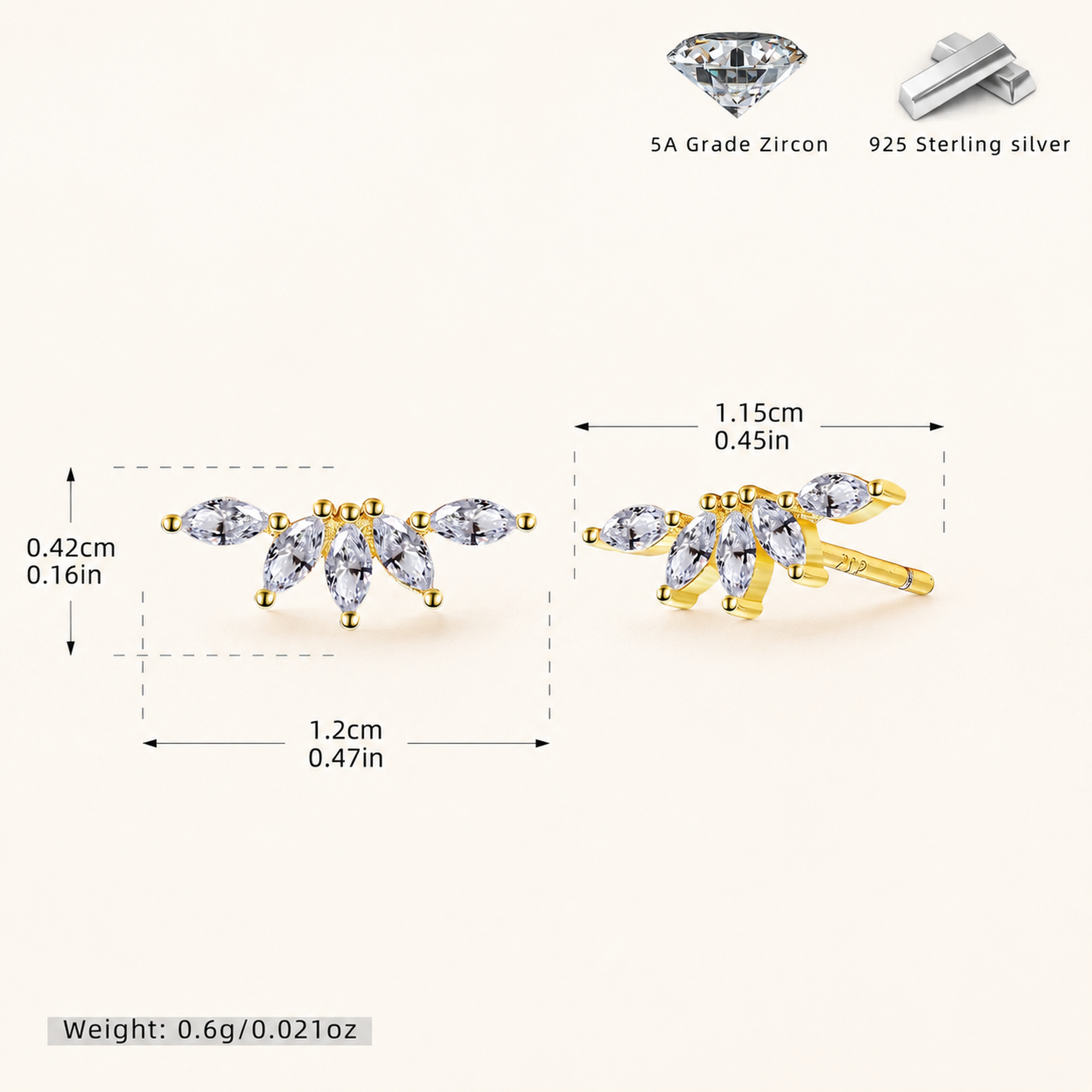 Sterling Silver Cubic Zirconia Screw-Back Stud Earrings - Gold