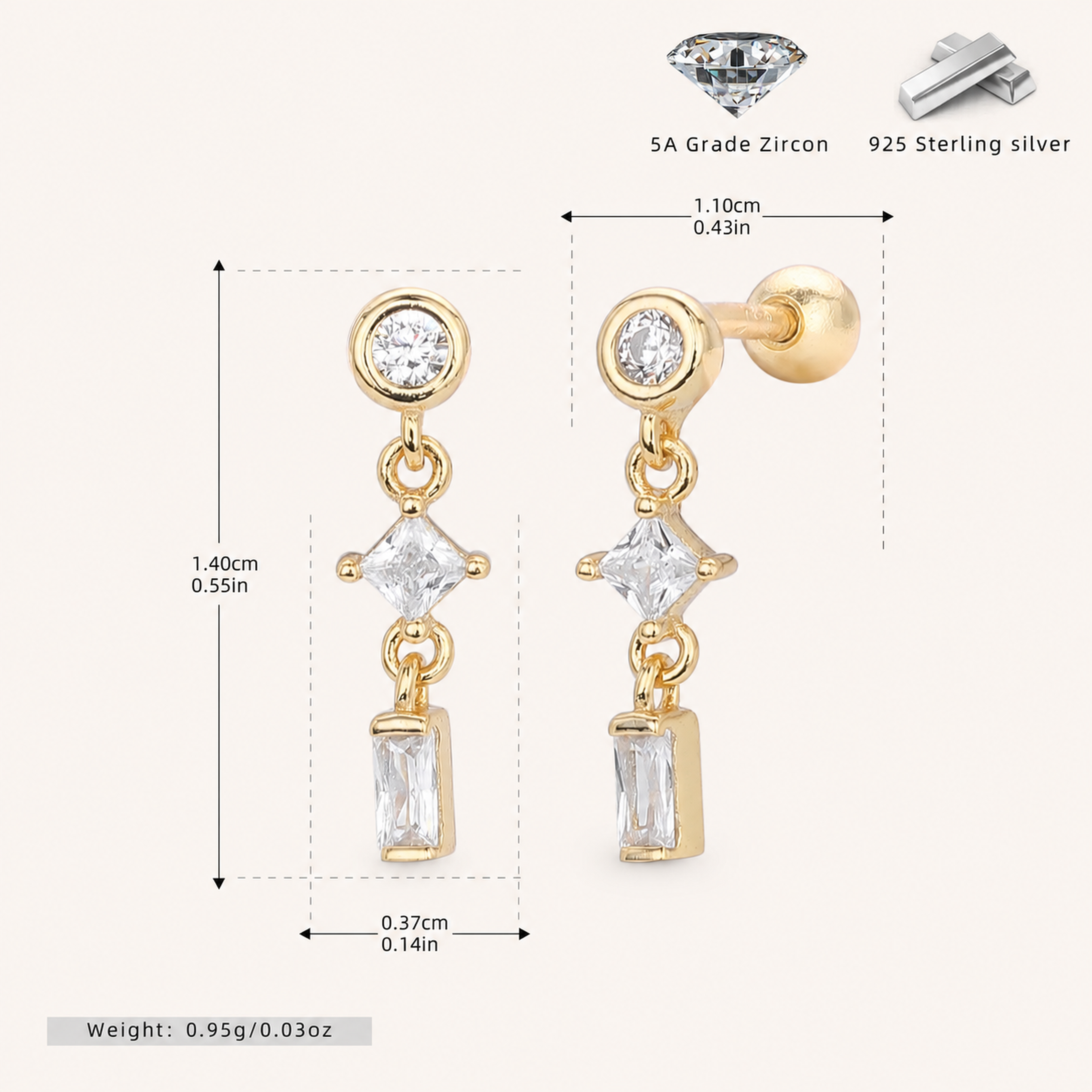 Sterling Silver Twisted Bead Zirconia Drop Flat Back Earrings - Gold