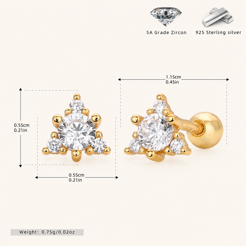 Sterling Silver Triangle Zirconia Flat Back Earrings - Gold