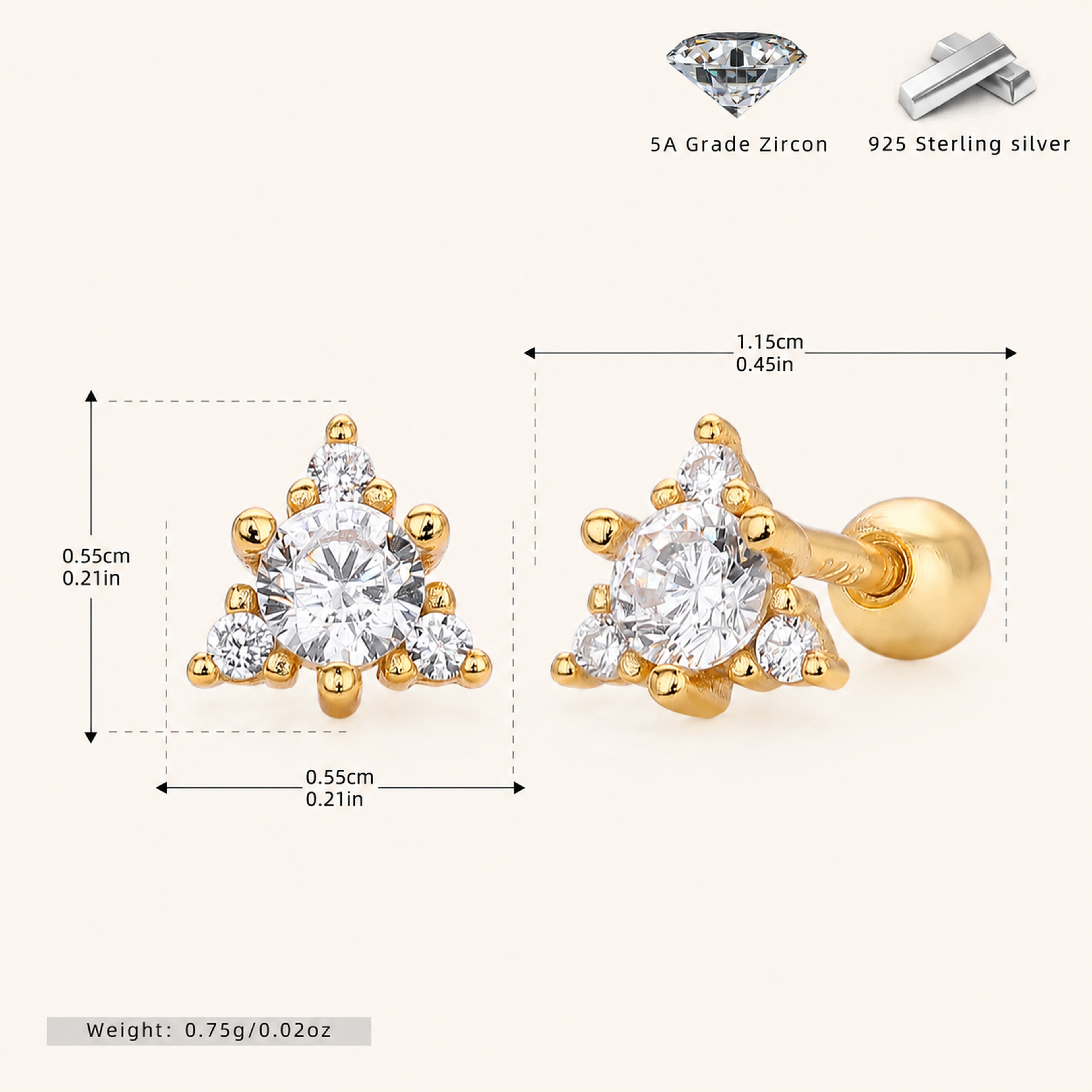 Sterling Silver Triangle Zirconia Flat Back Earrings - Gold