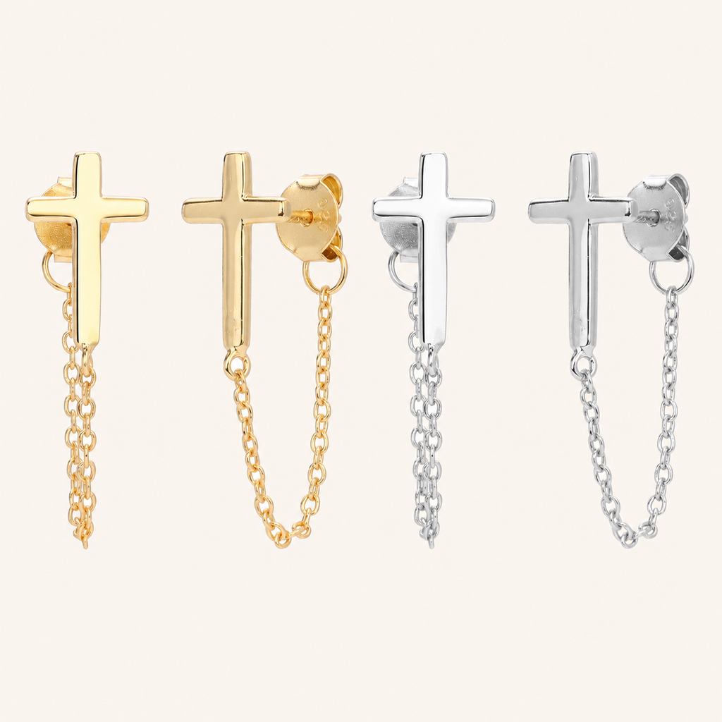 Sterling Silver Cross Chain Drop Stud Earrings
