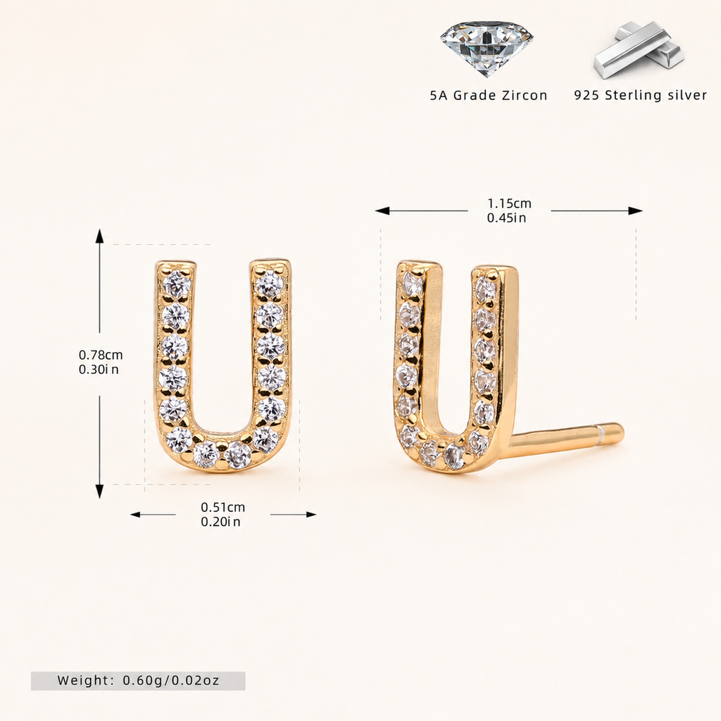 Sterling Silver Pave Initial Letter Stud Earrings - Gold / U