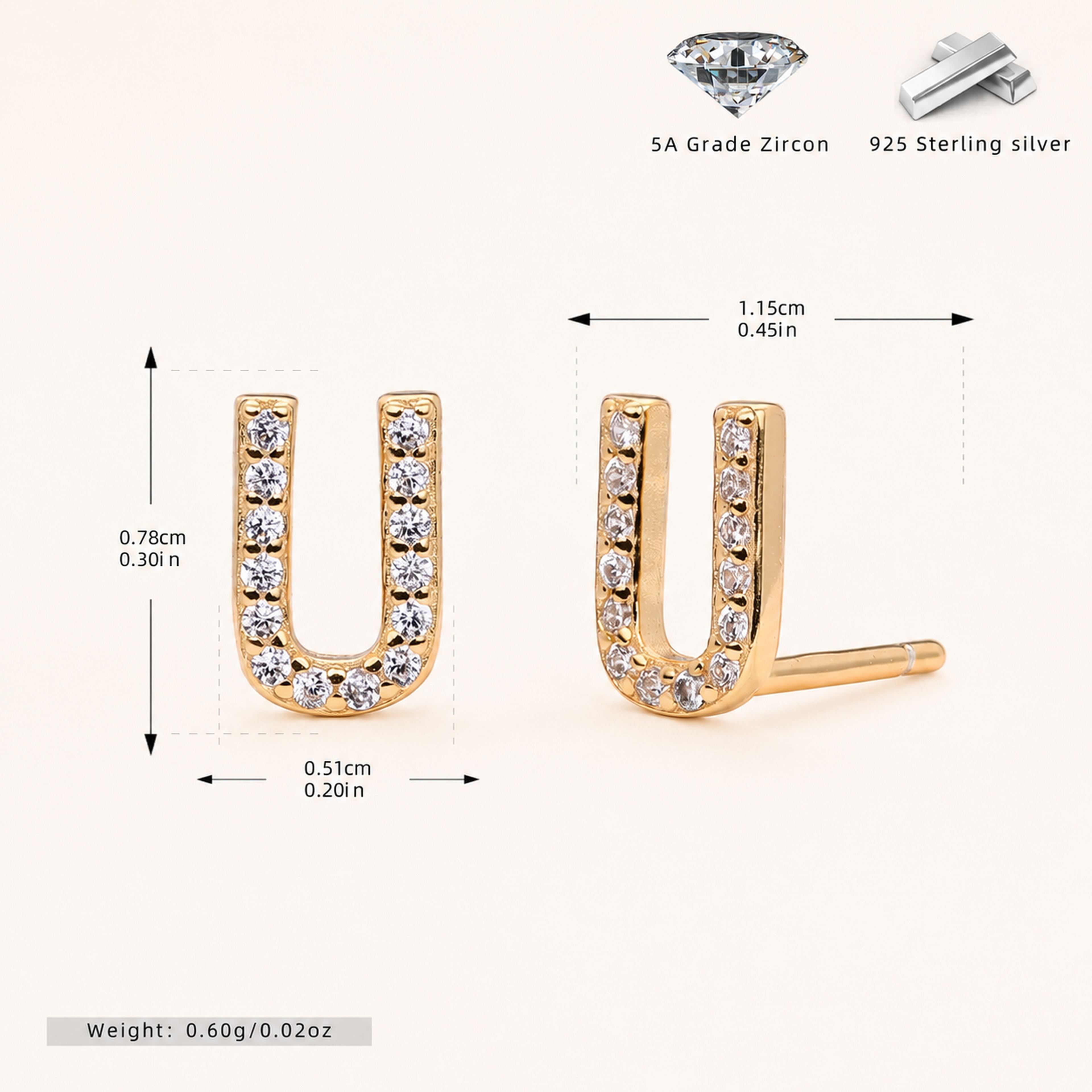 Sterling Silver Pave Initial Letter Stud Earrings - Gold / U