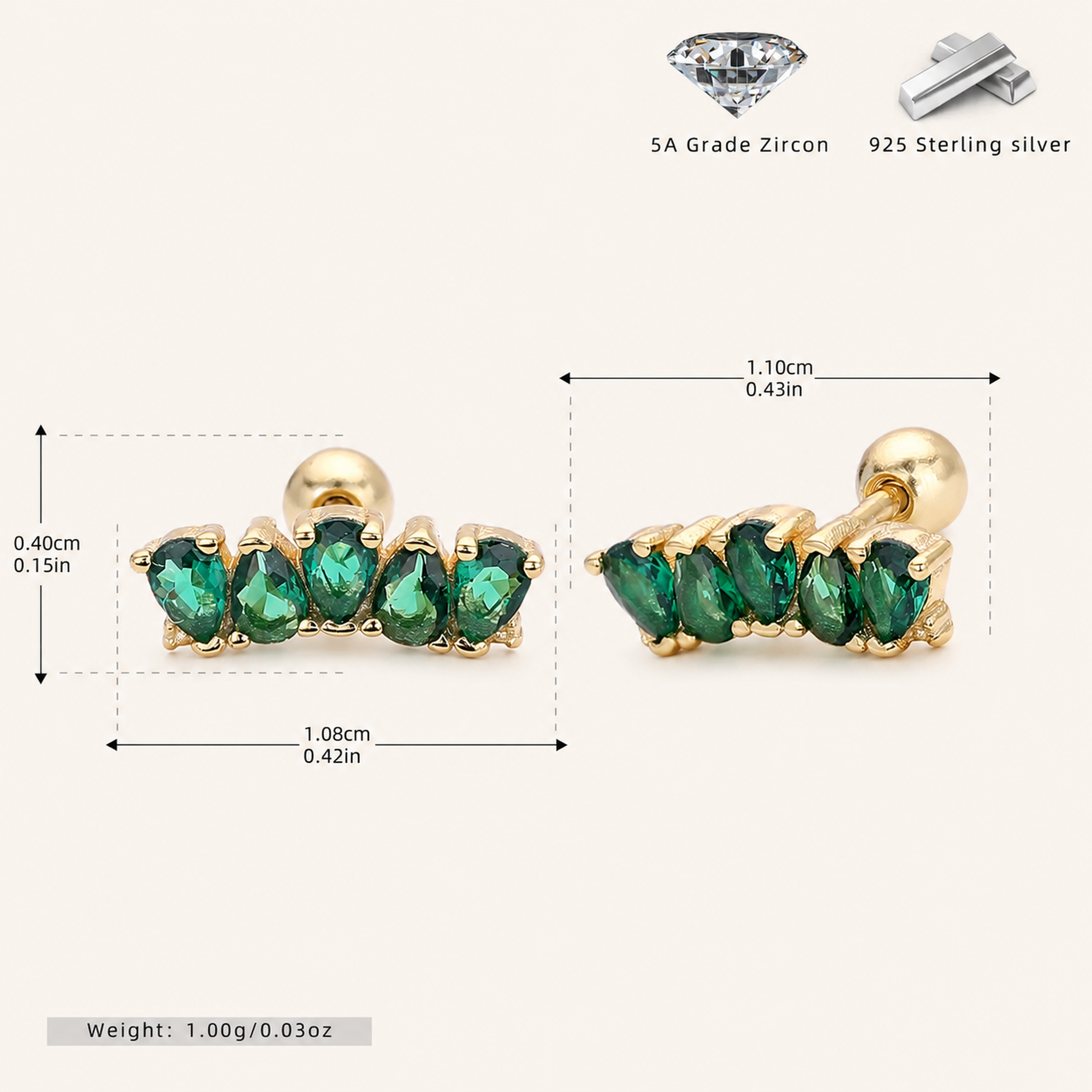 Sterling Silver Emerald-Green Teardrop Zirconia Flat Back Earrings - Gold / Green