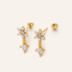 Sterling Silver Flower Zirconia Chain Drop Flat Back Earrings detail view