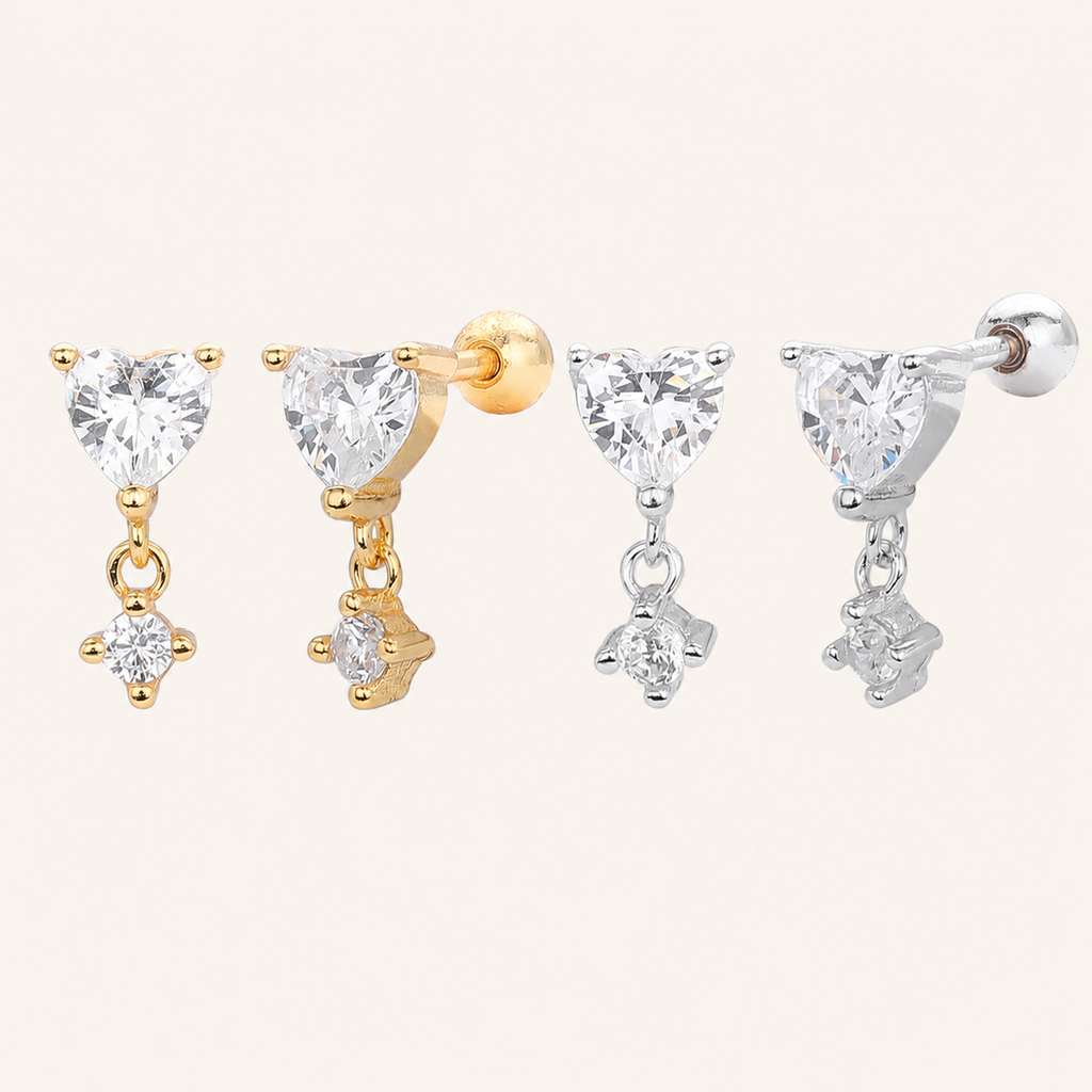 Sterling Silver Zirconia Heart Drop Flat Back Earrings