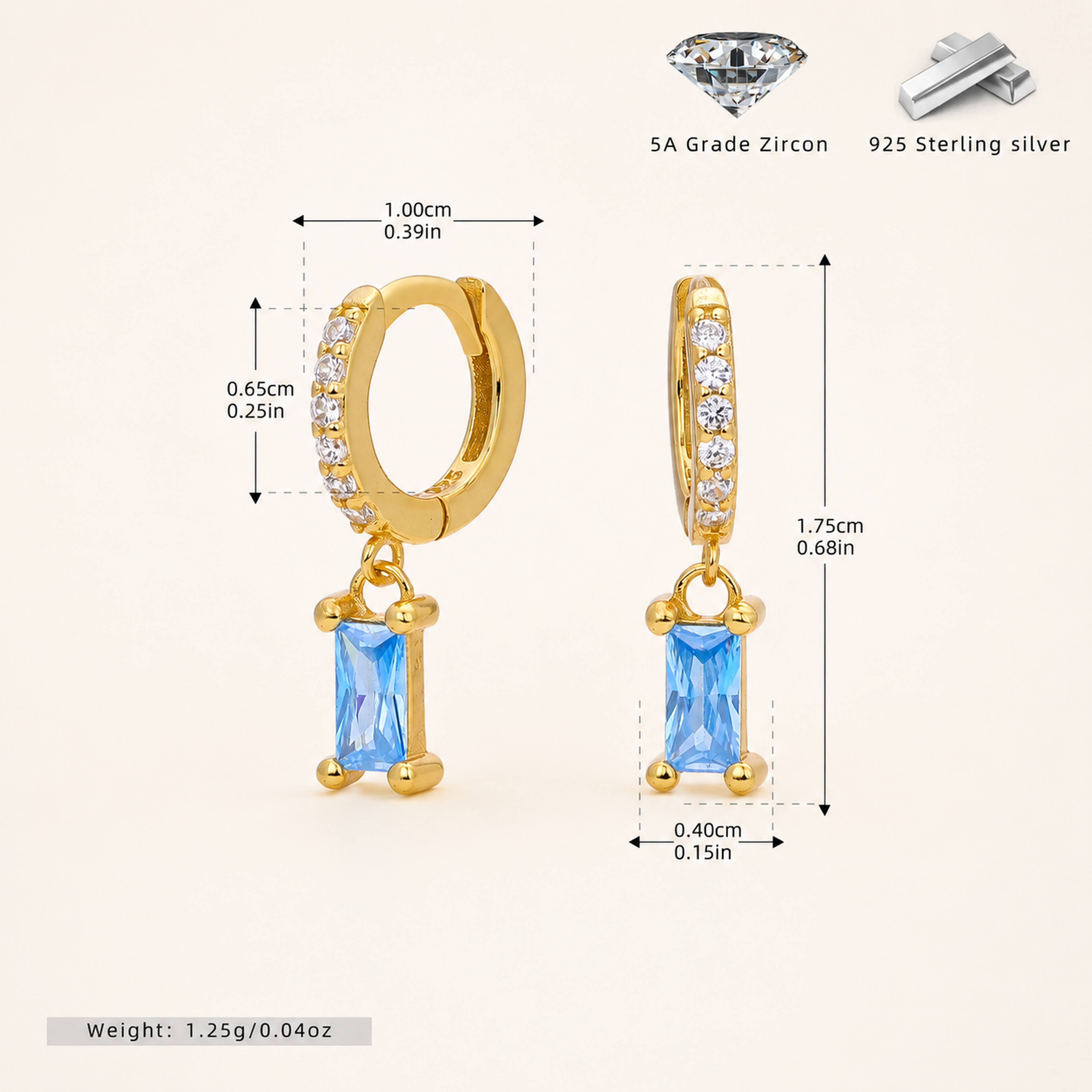 Sterling Silver Geometric Zirconia Hoop Earrings - Gold / 5