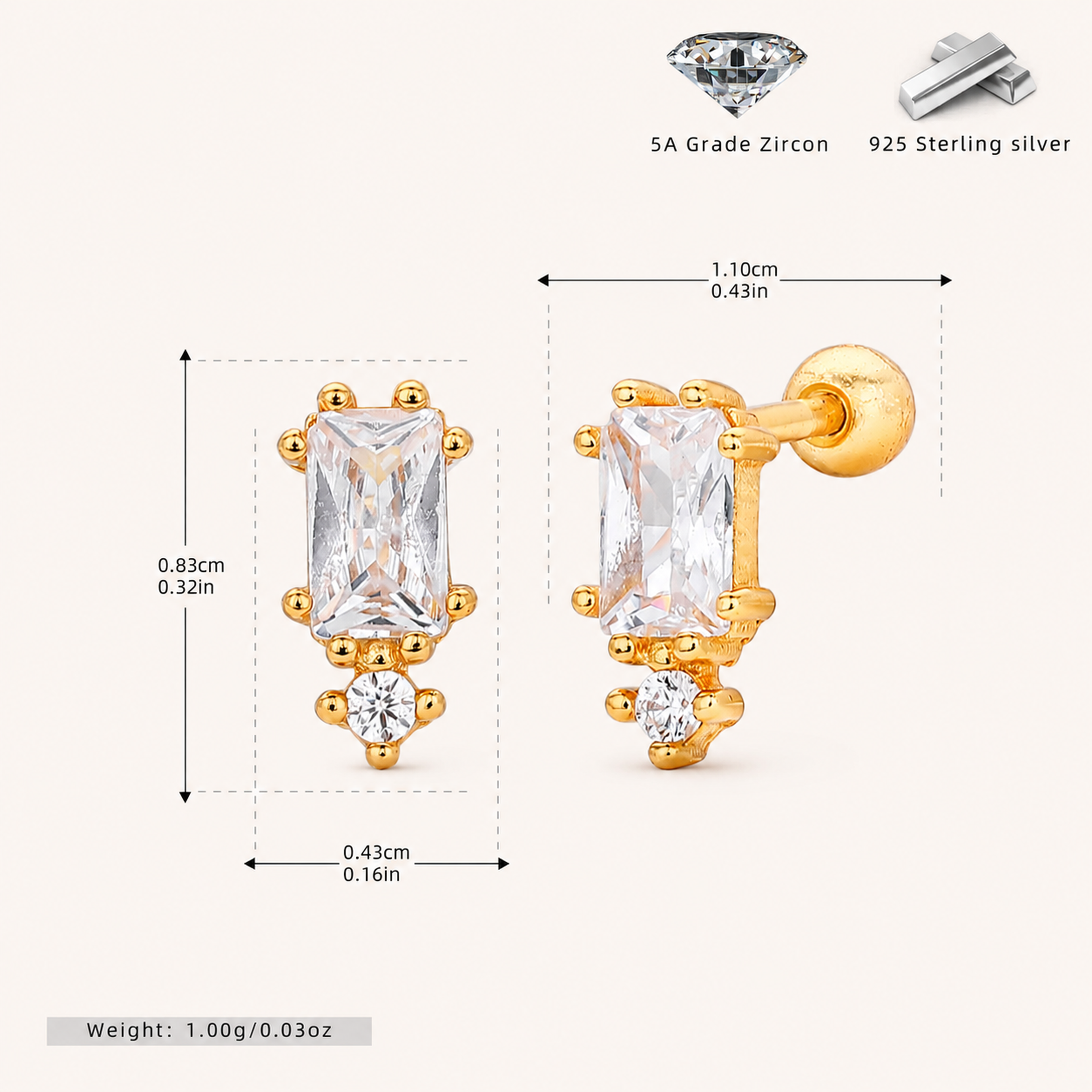 Sterling Silver Threaded Zirconia Cartilage Flat Back Earrings - Gold