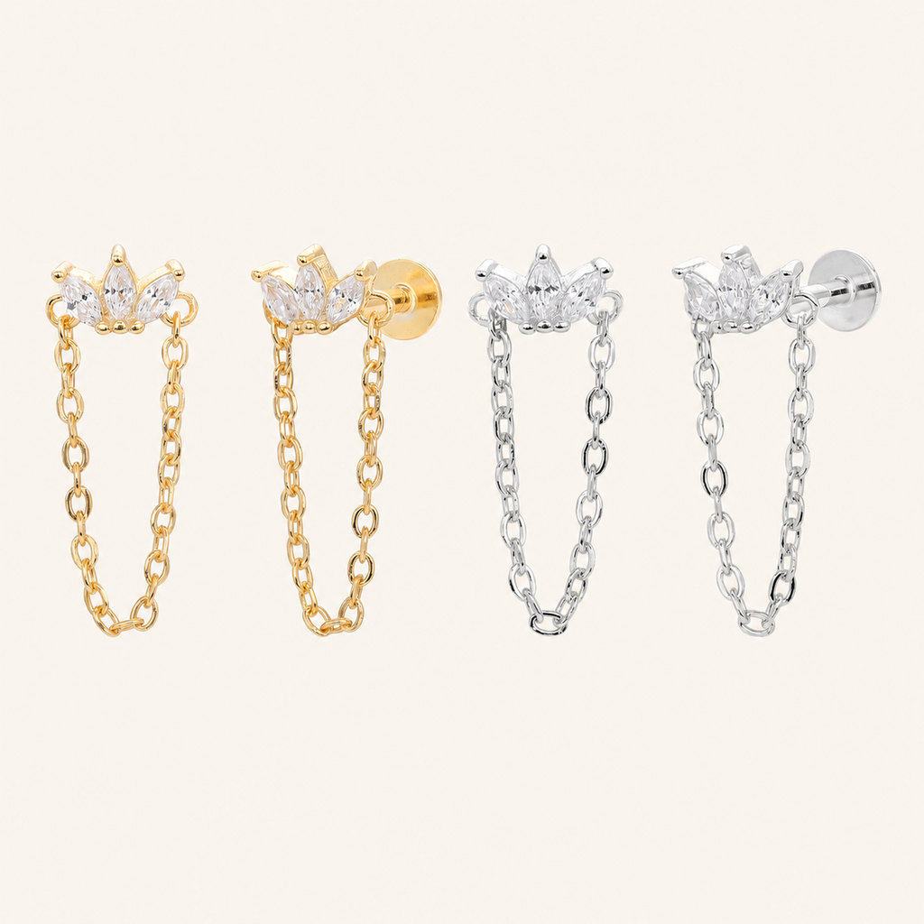 Sterling Silver Zirconia Chain Drop Flat Back Earrings