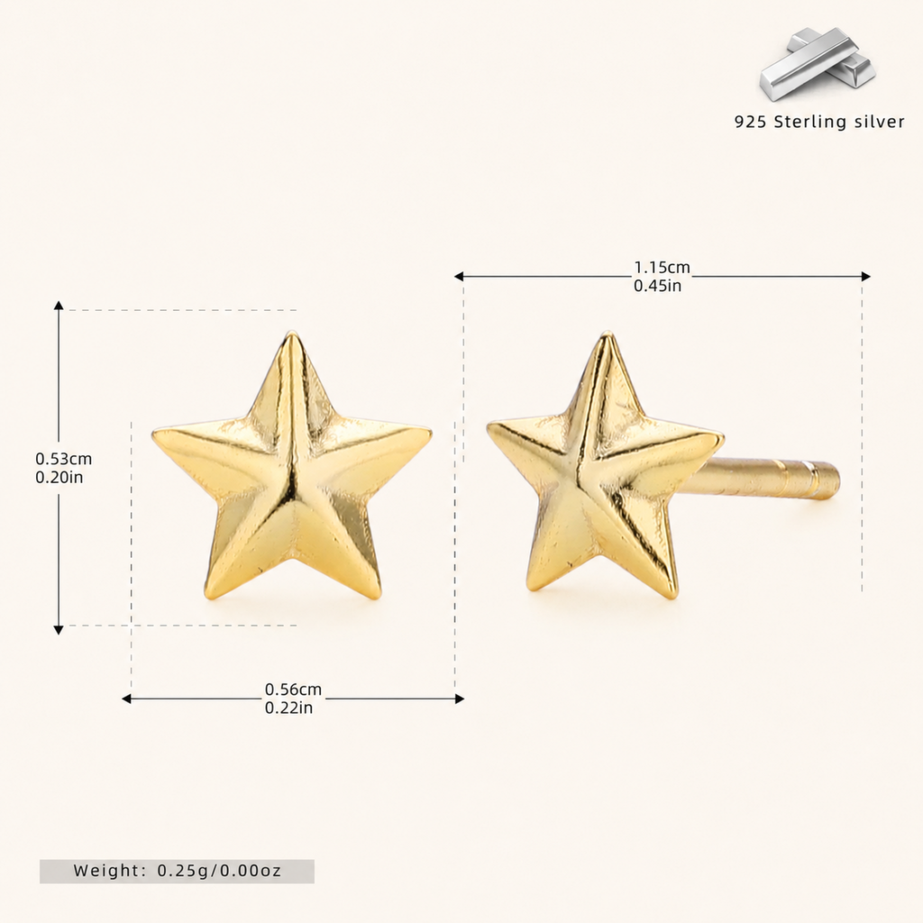 Sterling Silver Polished Five-Point Star Stud Earrings - Gold