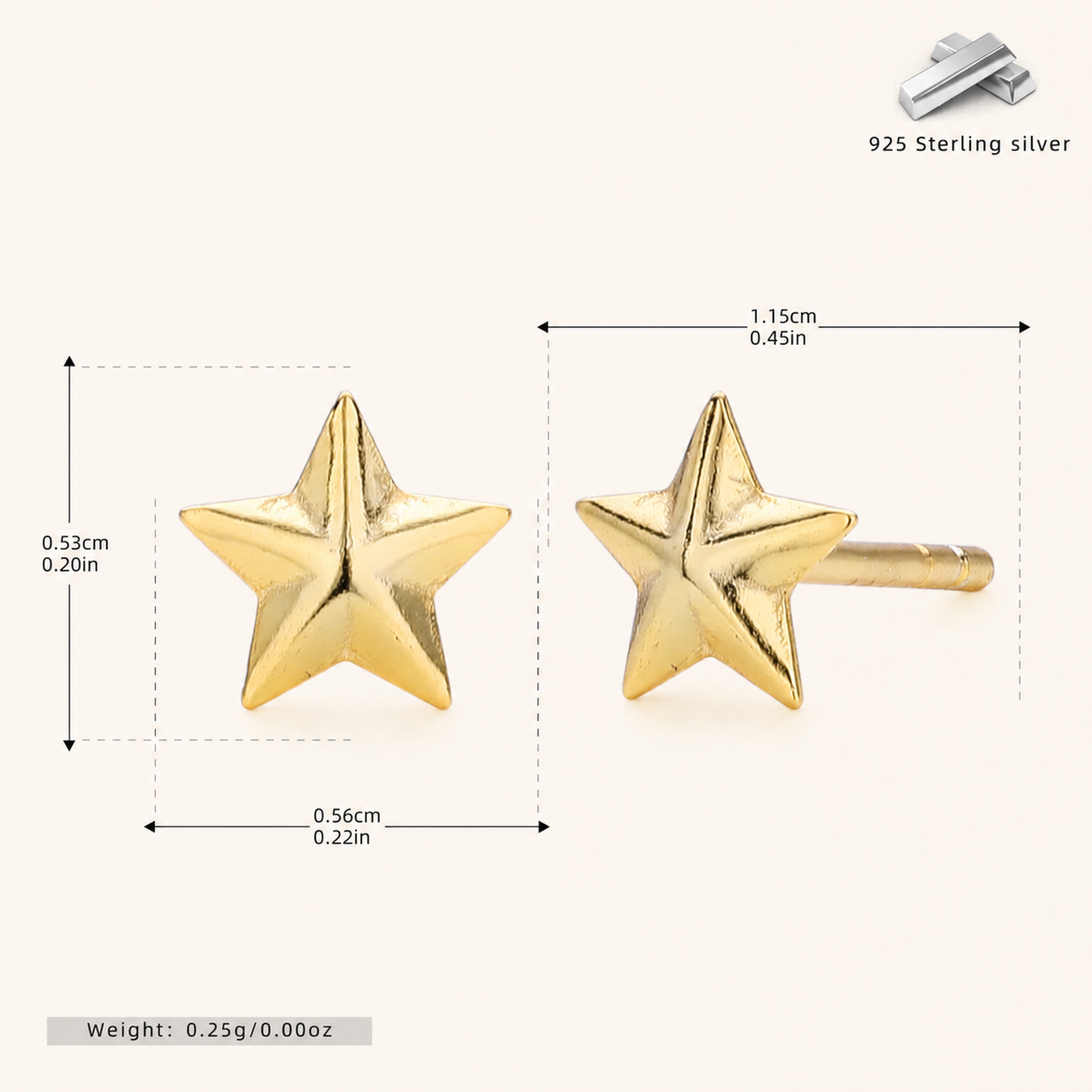 Sterling Silver Polished Five-Point Star Stud Earrings - Gold