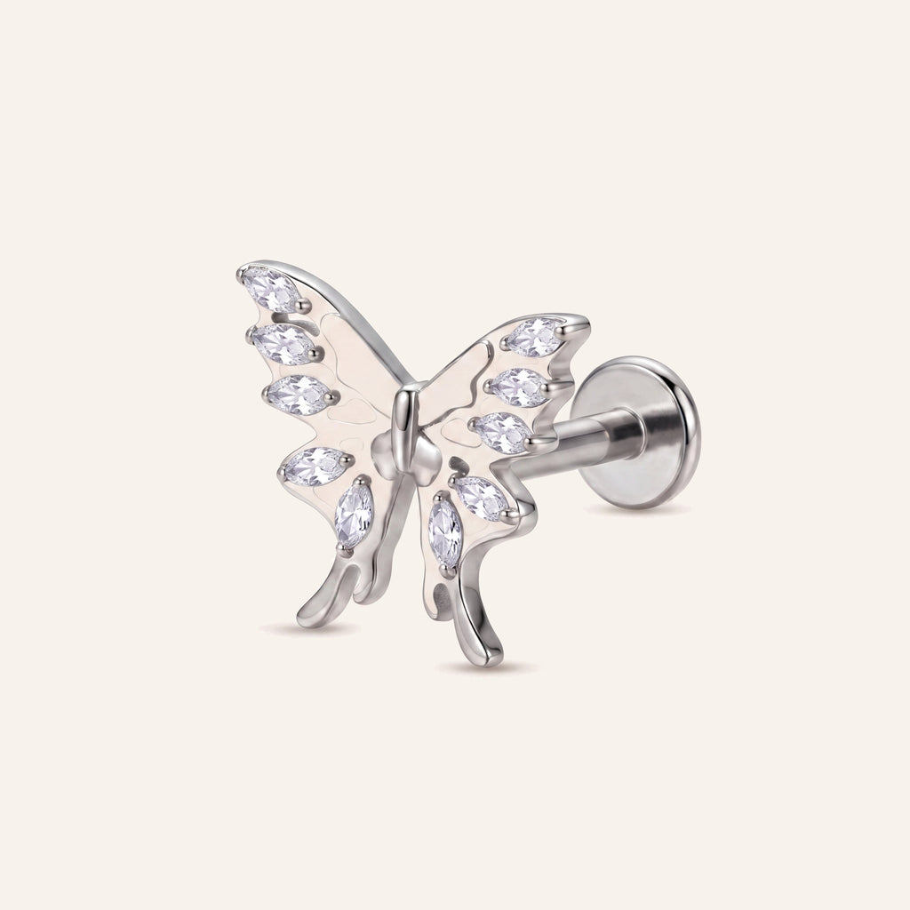 Open Butterfly Crystal Titanium Flat Back Earring - Silver