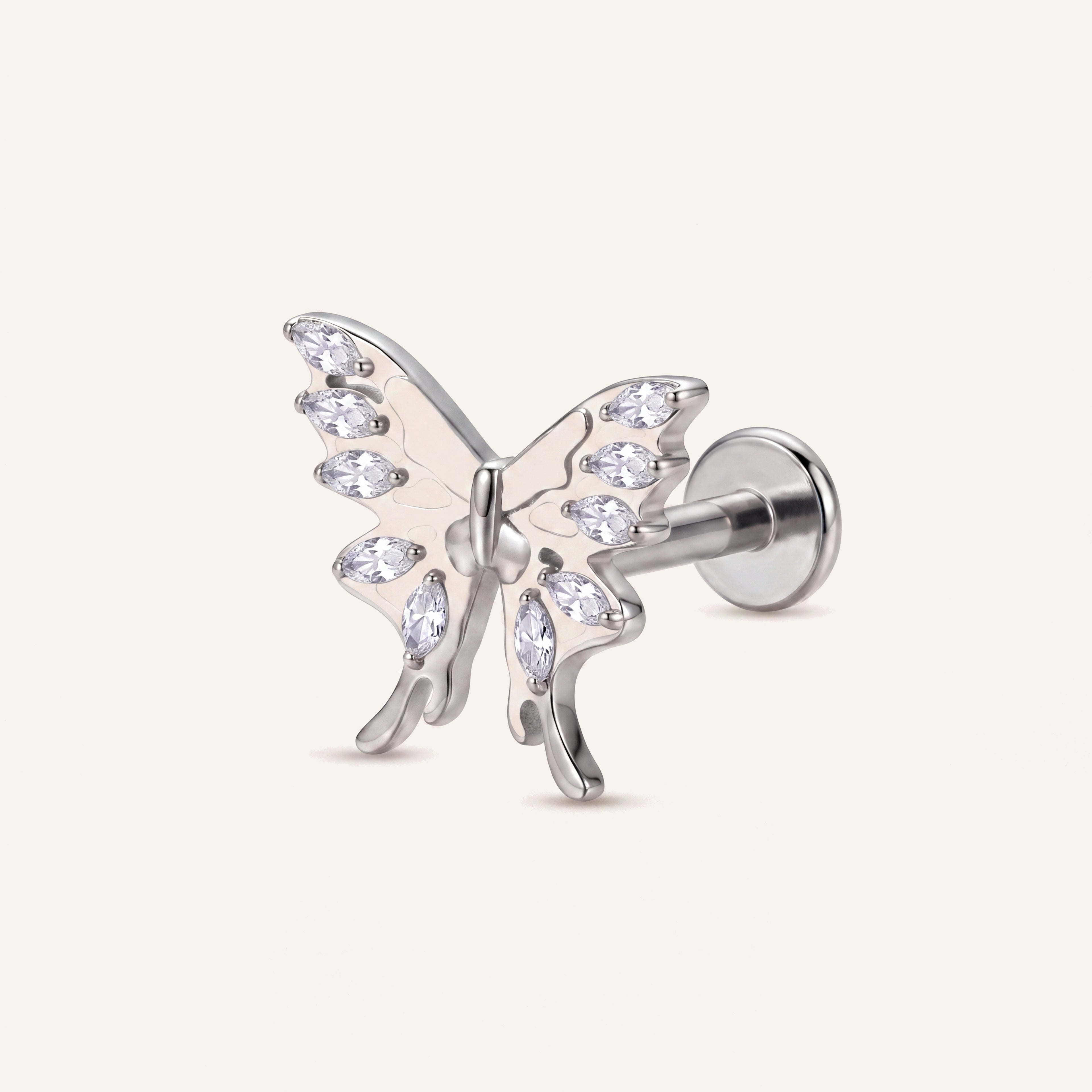 Open Butterfly Crystal Titanium Flat Back Earring - Silver