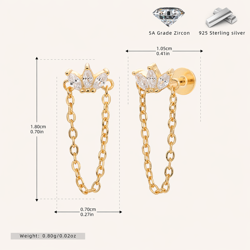 Sterling Silver Zirconia Chain Drop Flat Back Earrings - Gold