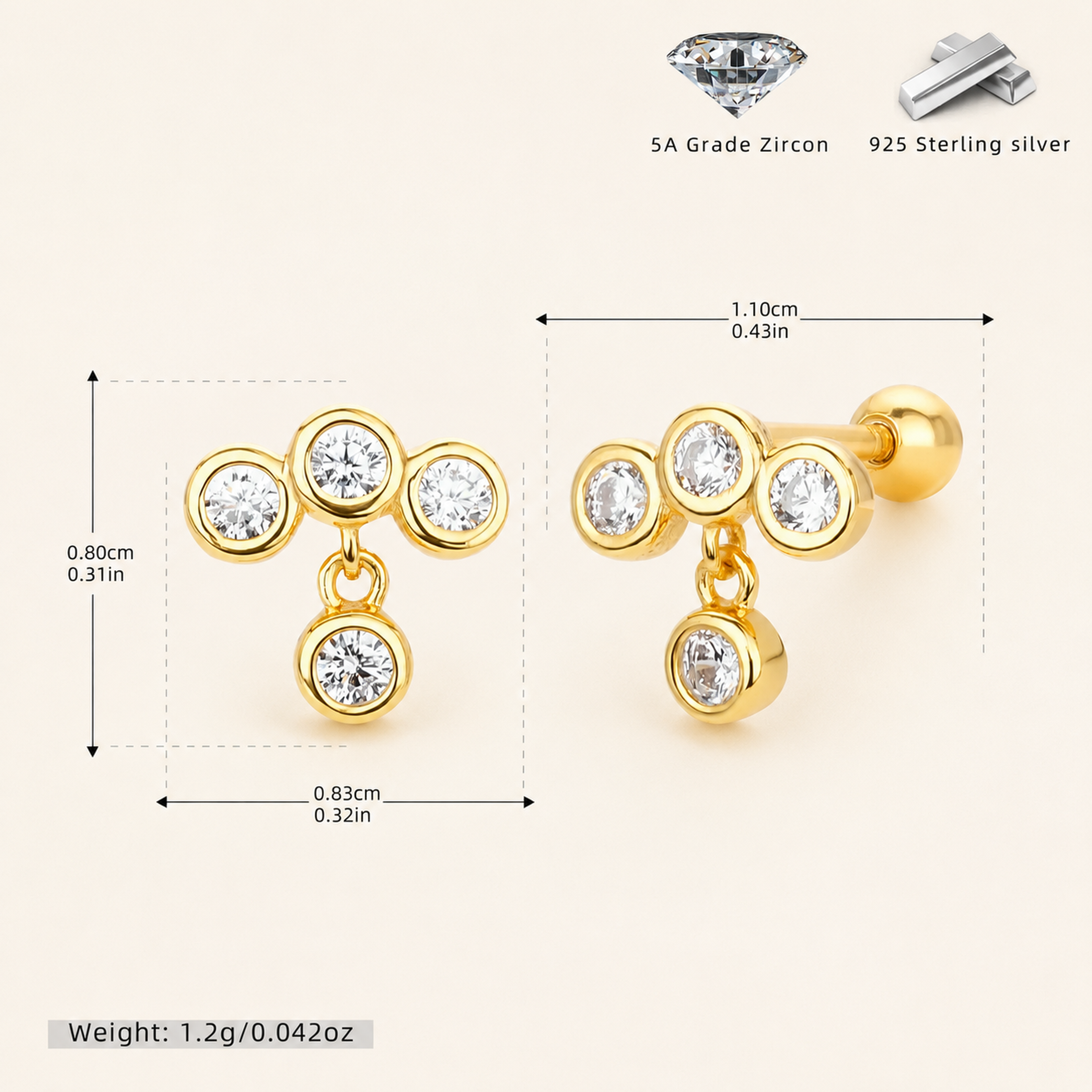 Sterling Silver Staggered Bezel Zirconia Flat Back Earrings - Gold