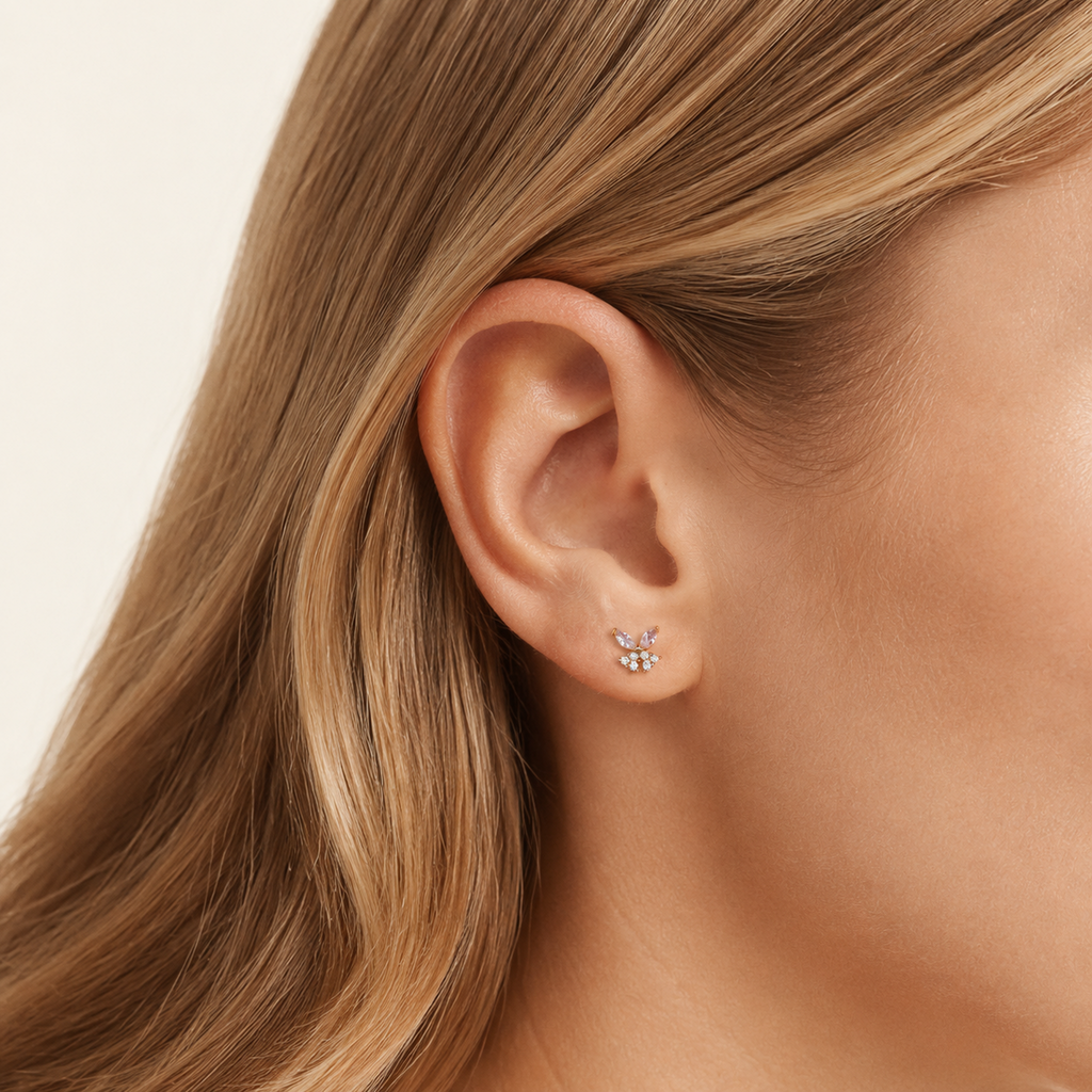 Sterling Silver Zirconia Butterfly Flat Back Earrings worn on the ear