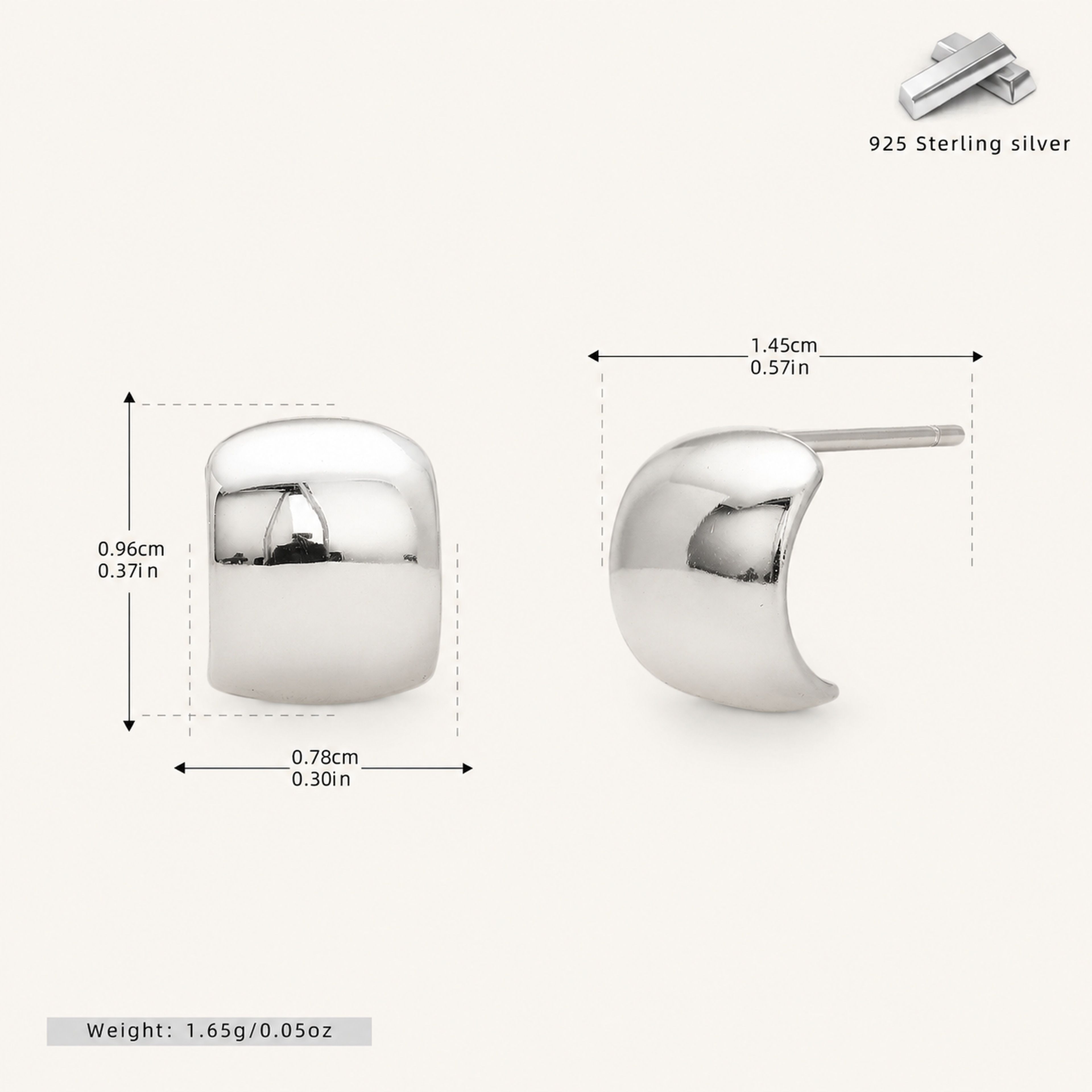 Sterling Silver Polished Arch Stud Earrings - Platinum