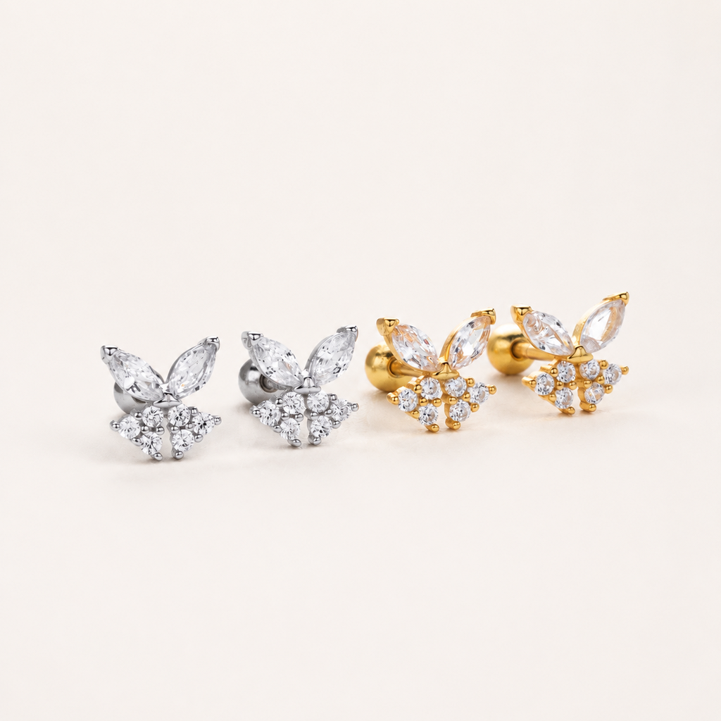 Sterling Silver Zirconia Butterfly Flat Back Earrings detail view
