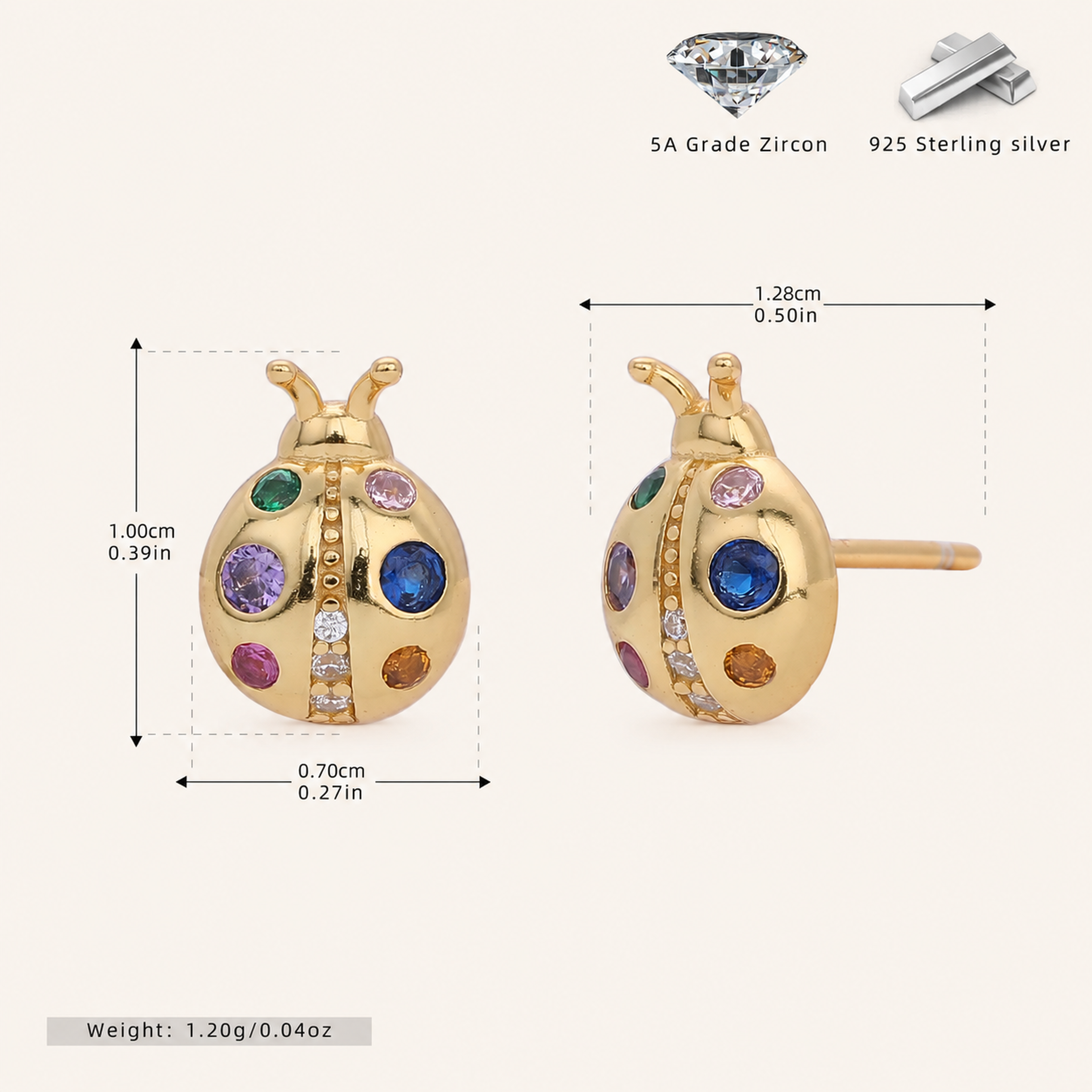 Sterling Silver Color Zirconia Ladybug Stud Earrings - Gold