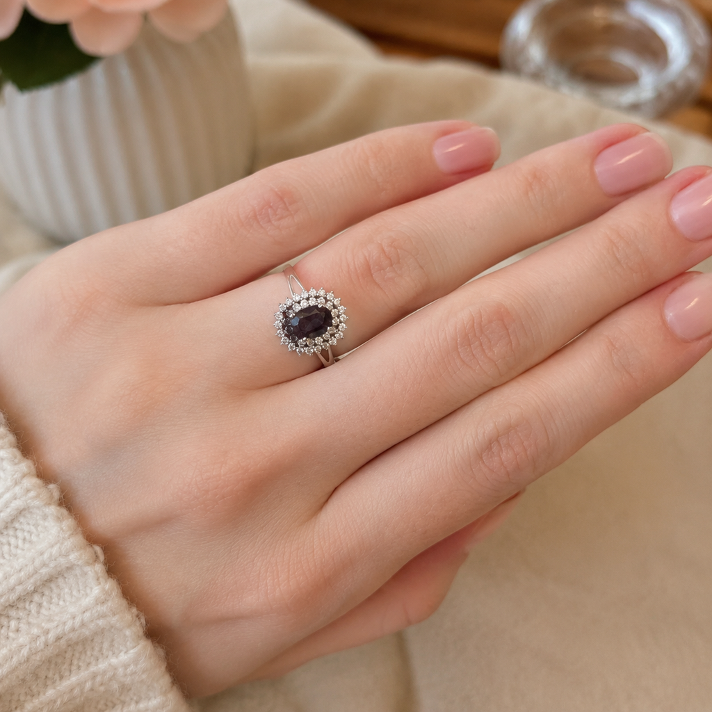 Duchess Halo Lab-Grown Alexandrite Ring worn on hand