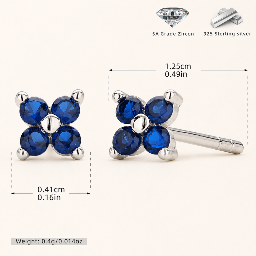 Sterling Silver Four-Petal Flower Stud Earrings - Platinum / Blue