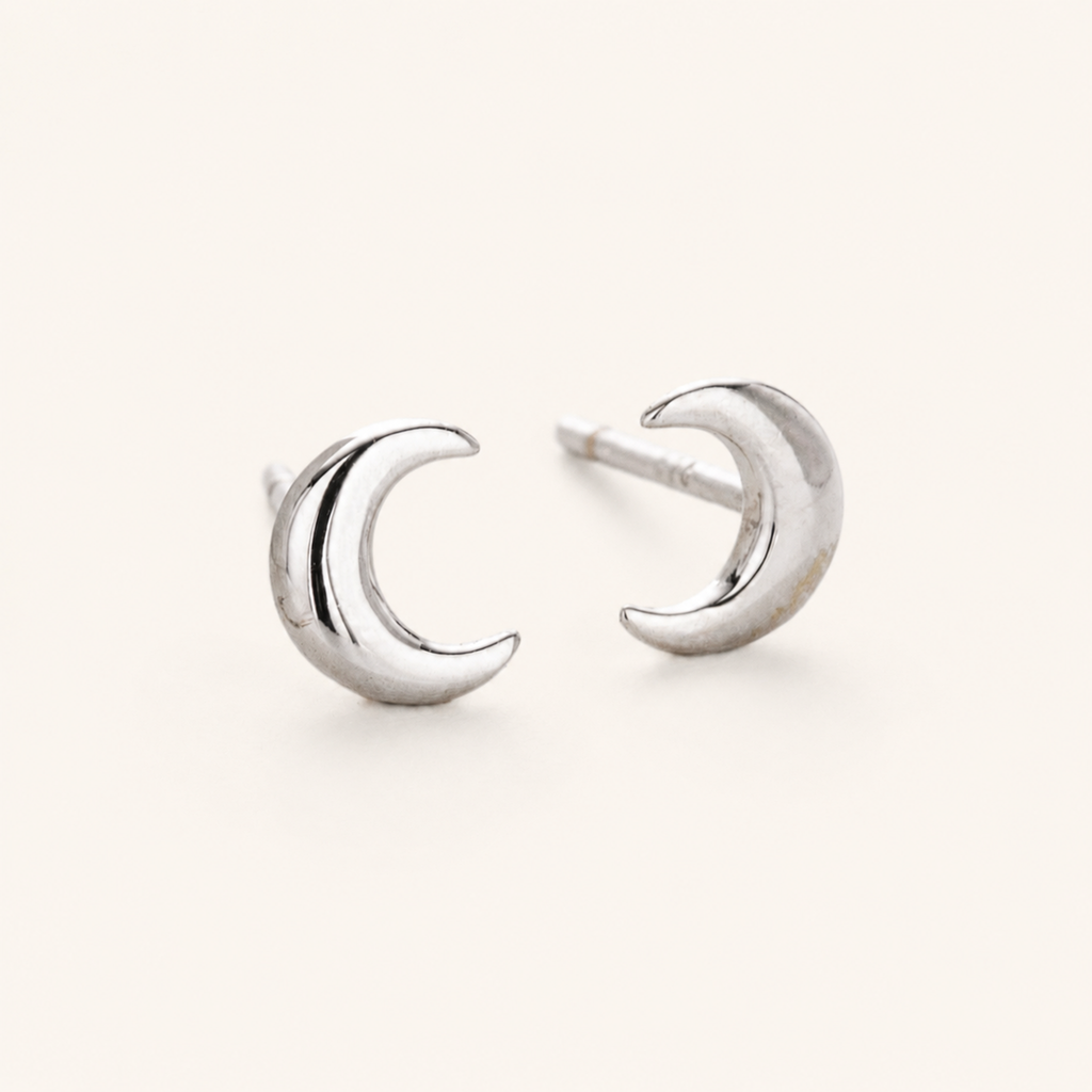 Sterling Silver Polished Moon Stud Earrings detail view