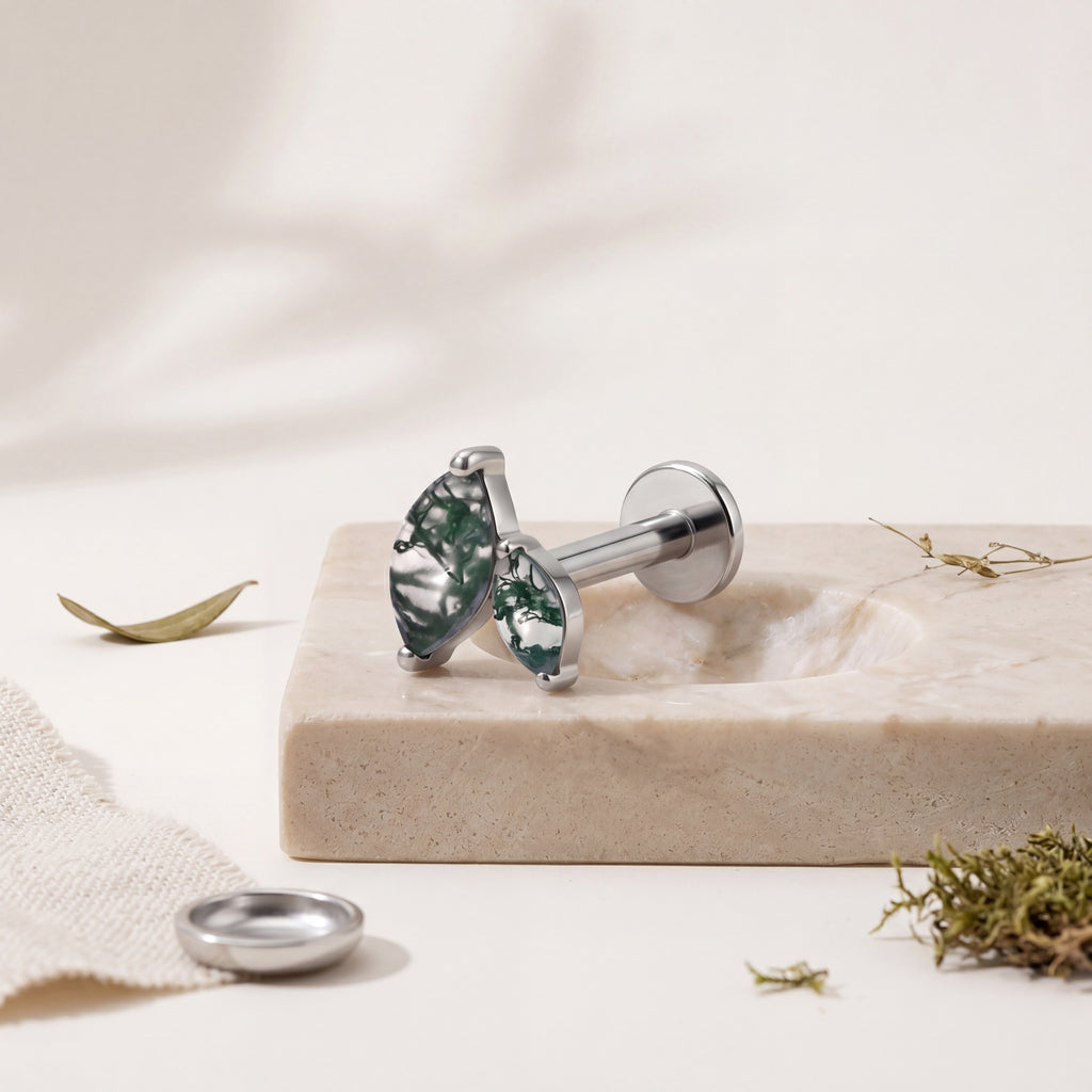 Moss Agate Marquise Titanium Flat Back Earring - image 5