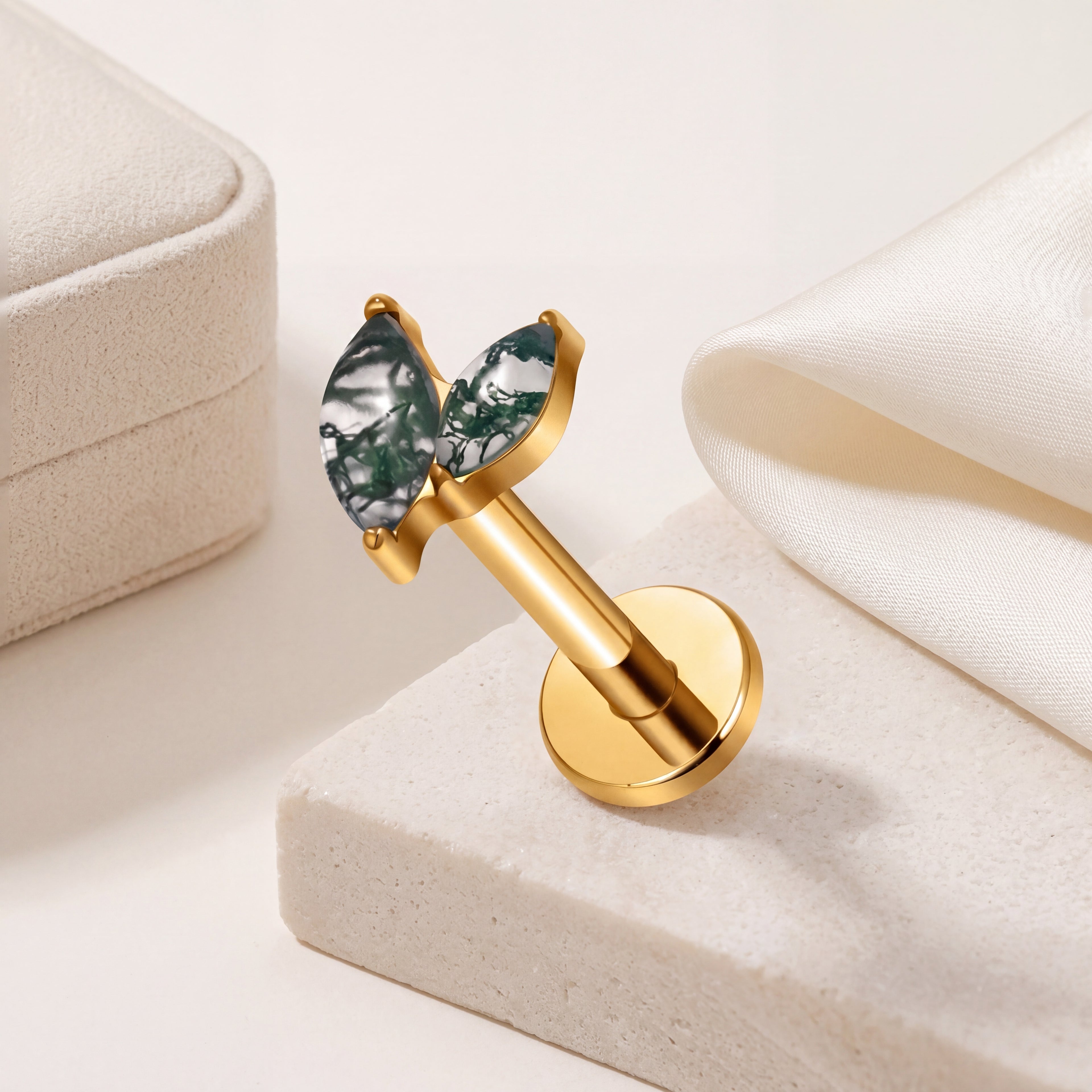 Moss Agate Marquise Titanium Flat Back Earring - image 5
