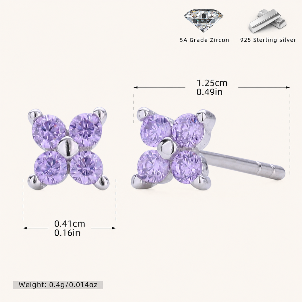 Sterling Silver Four-Petal Flower Stud Earrings - Platinum / Purple