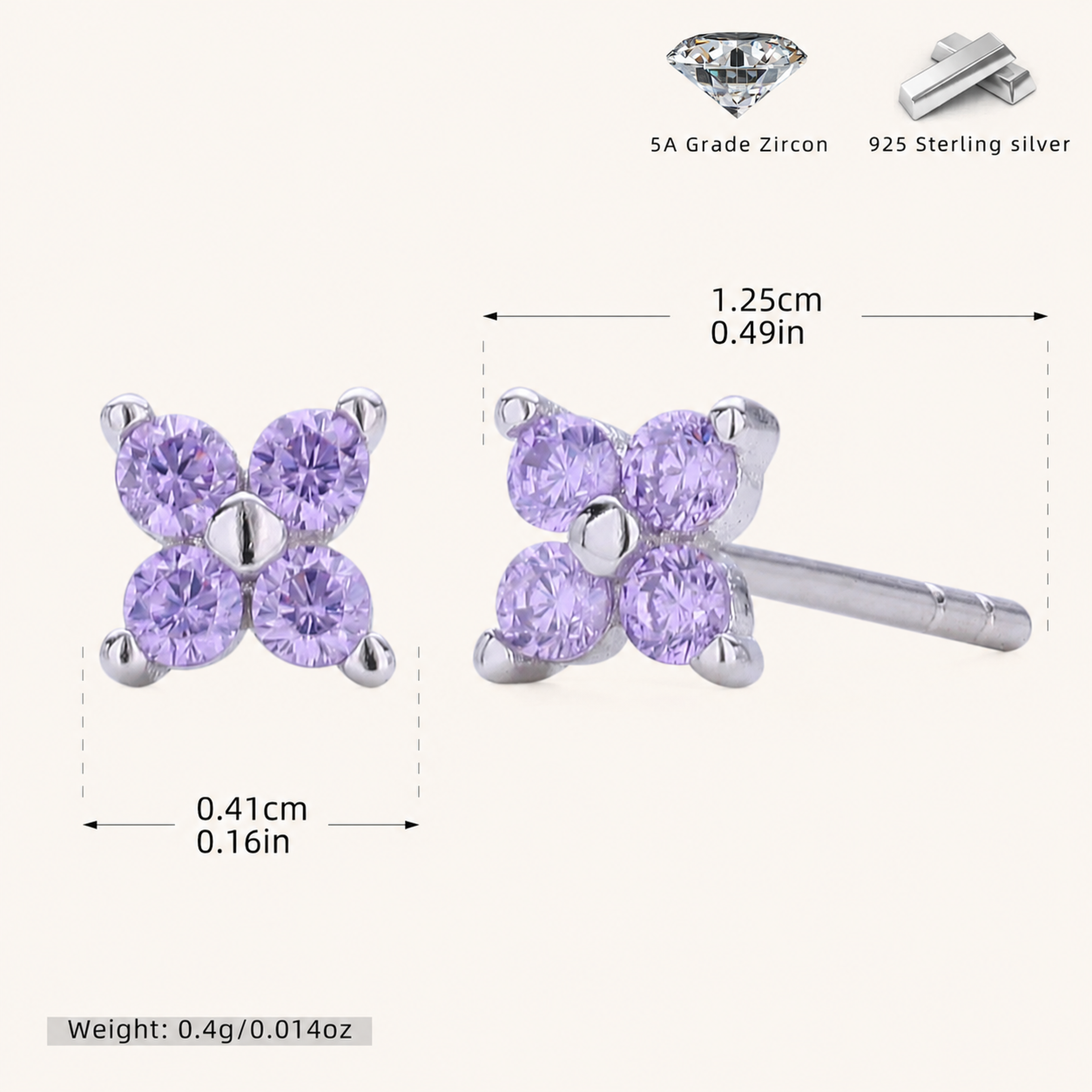Sterling Silver Four-Petal Flower Stud Earrings - Platinum / Purple
