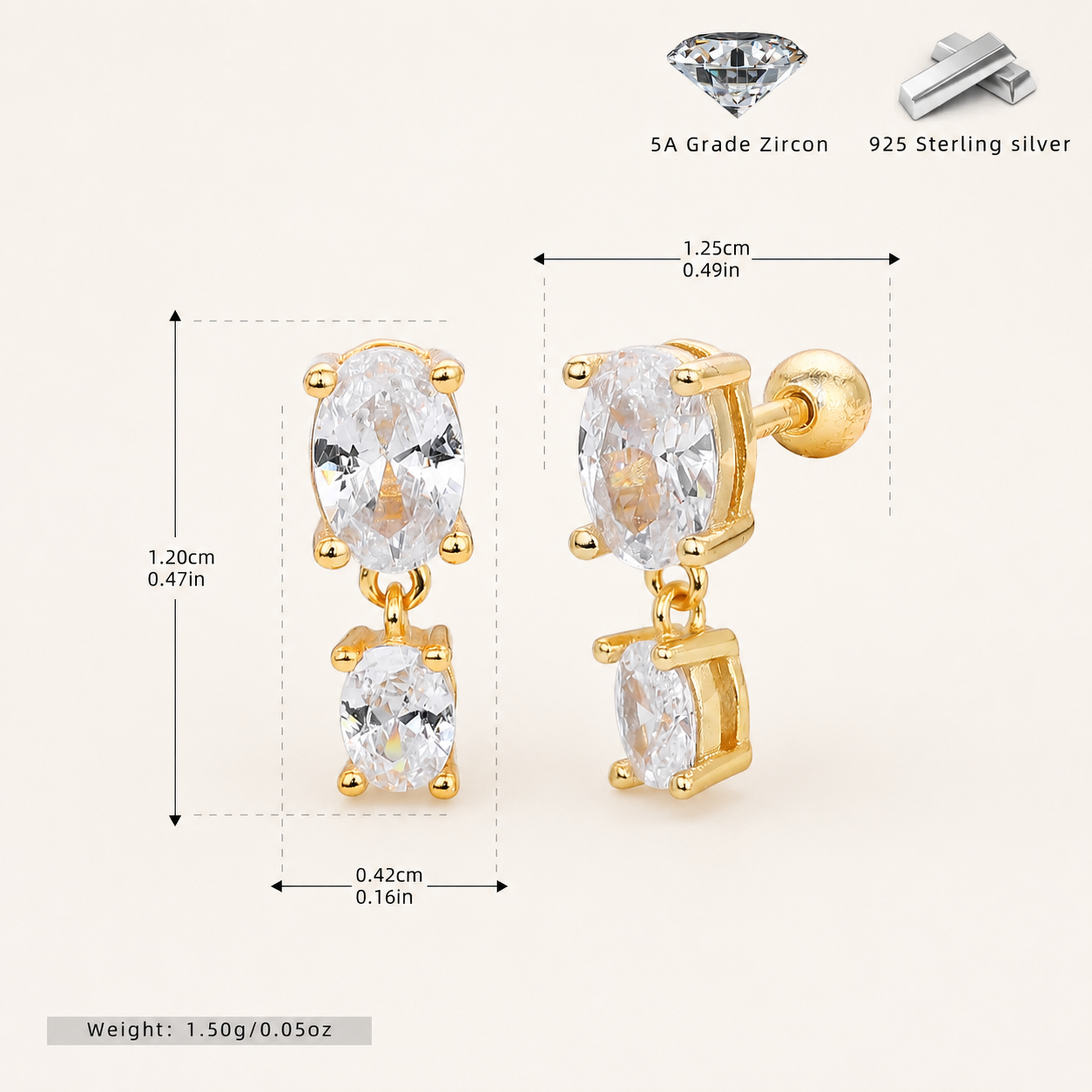 Sterling Silver Minimalist Zirconia Flat Back Earrings - Gold