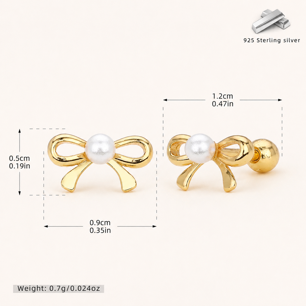 Sterling Silver Pearl Bow Flat Back Earrings - Gold