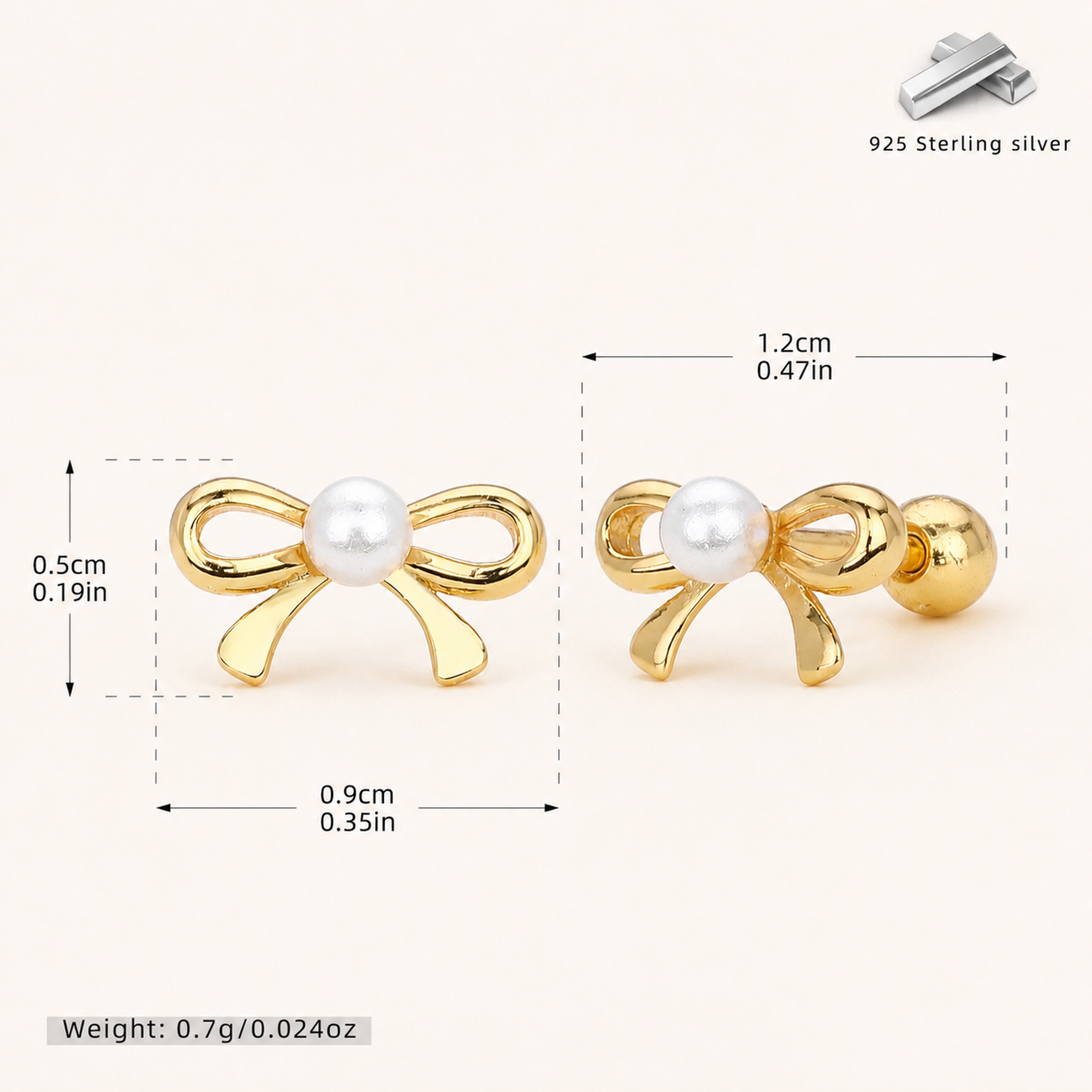 Sterling Silver Pearl Bow Flat Back Earrings - Gold