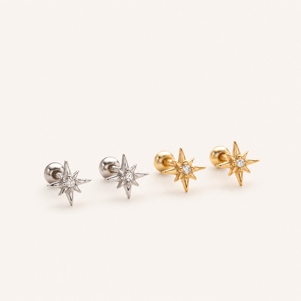 Sterling Silver Eight-Point Star Zirconia Flat Back Earrings detail