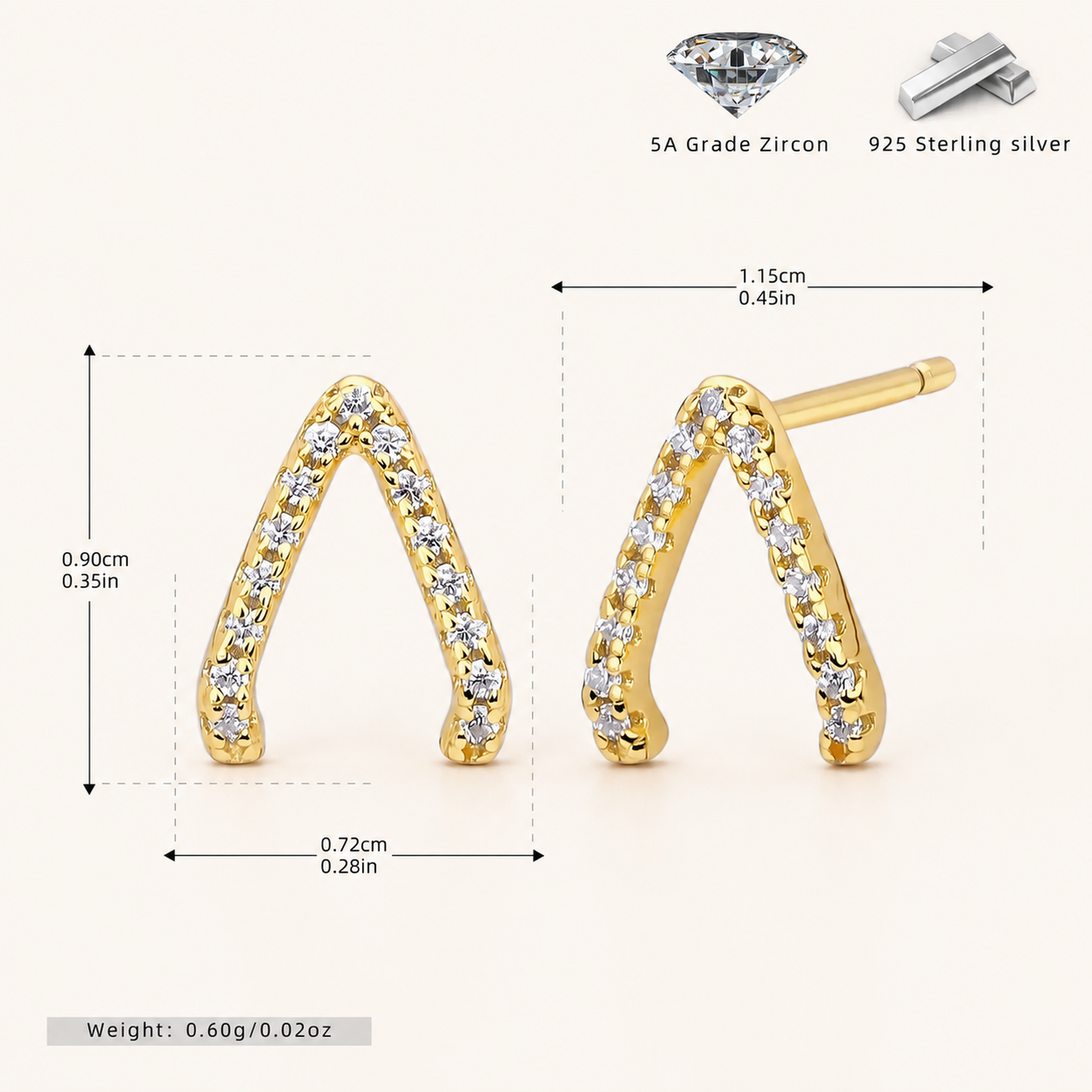 Sterling Silver Inverted Triangle Zirconia Stud Earrings - Gold