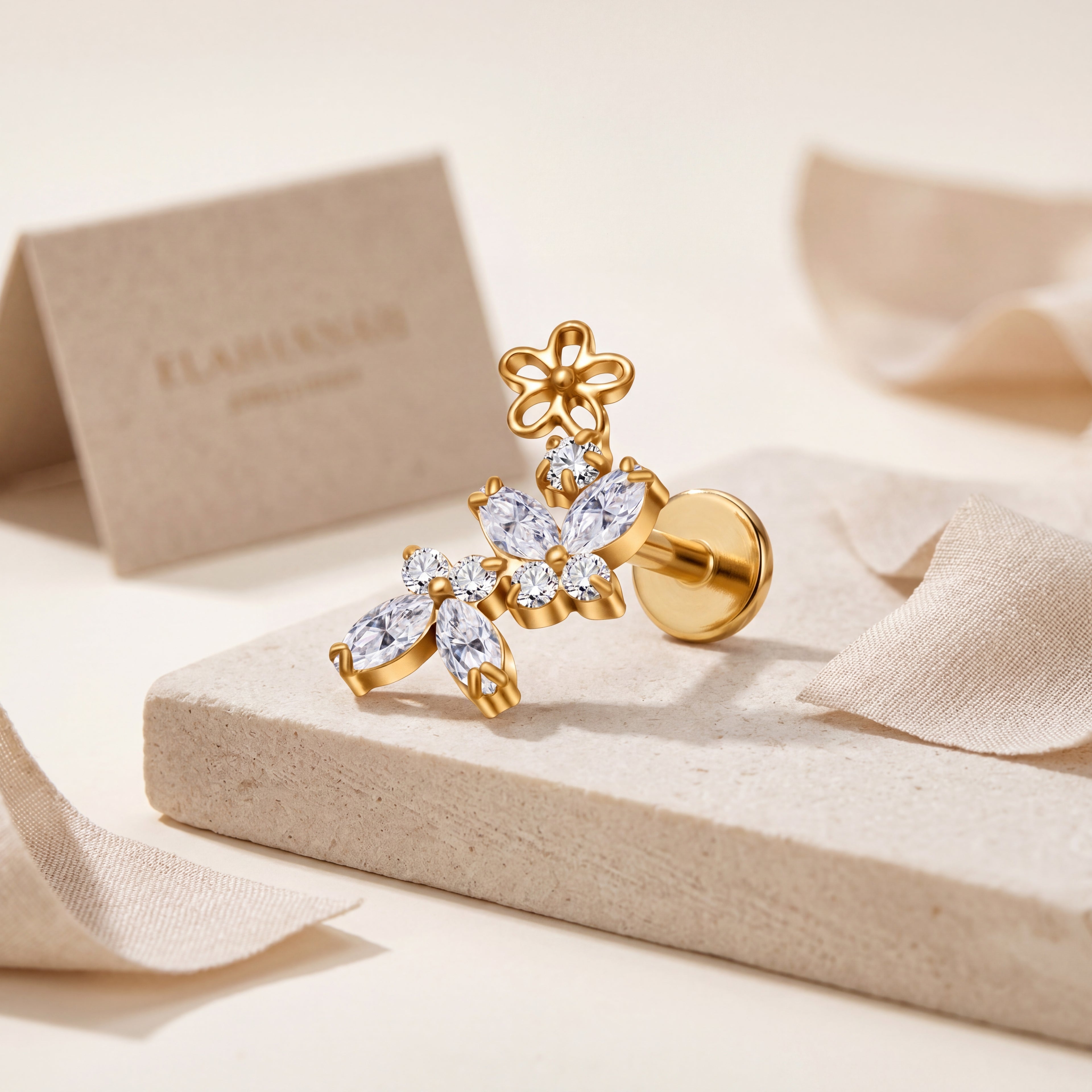 Butterfly Flower Crystal Titanium Flat Back Earring - image 5
