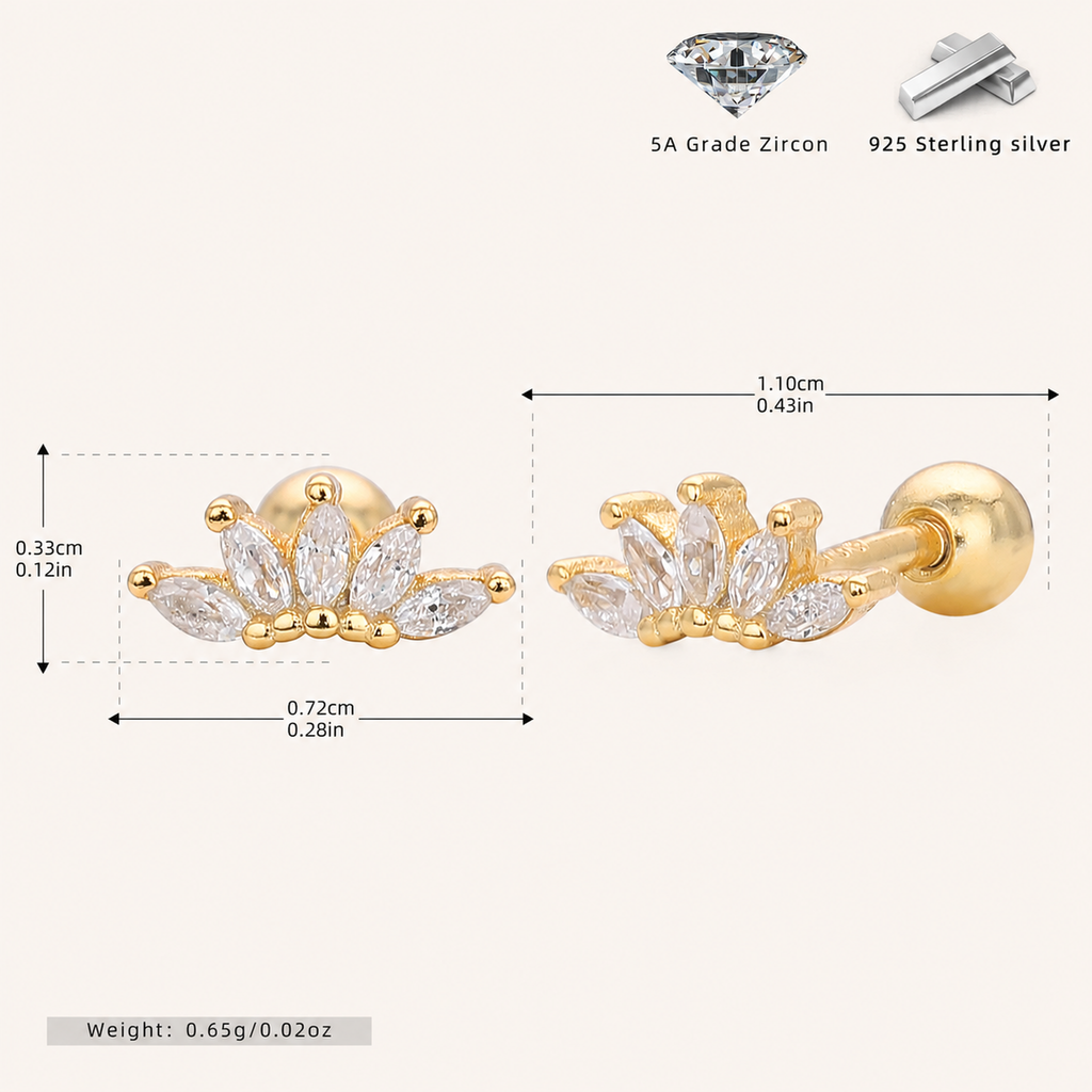 Sterling Silver Zirconia Crown Flat Back Earrings - Gold