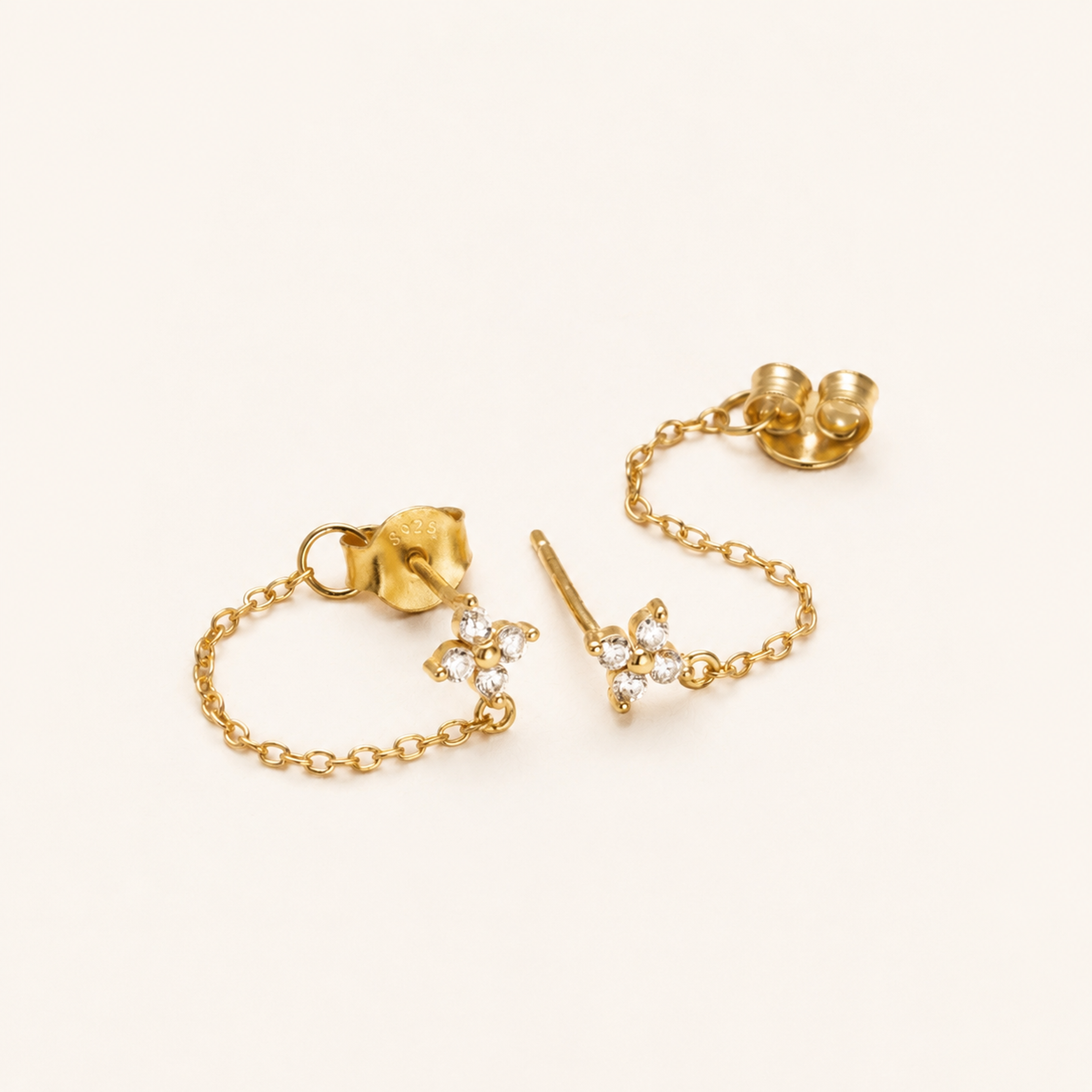 Sterling Silver Zirconia Flower Tassel Drop Stud Earrings detail view