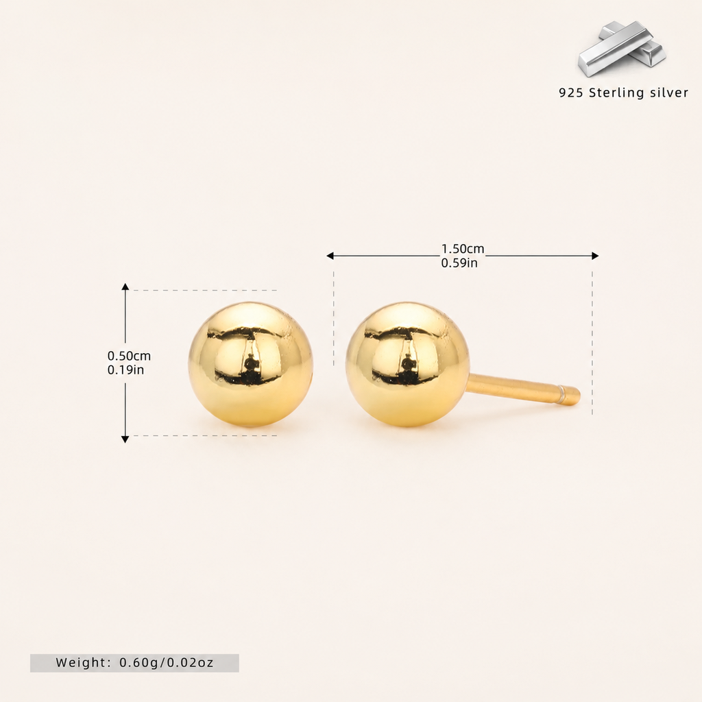 Sterling Silver Ball Bead Stud Earrings - Gold / 5mm