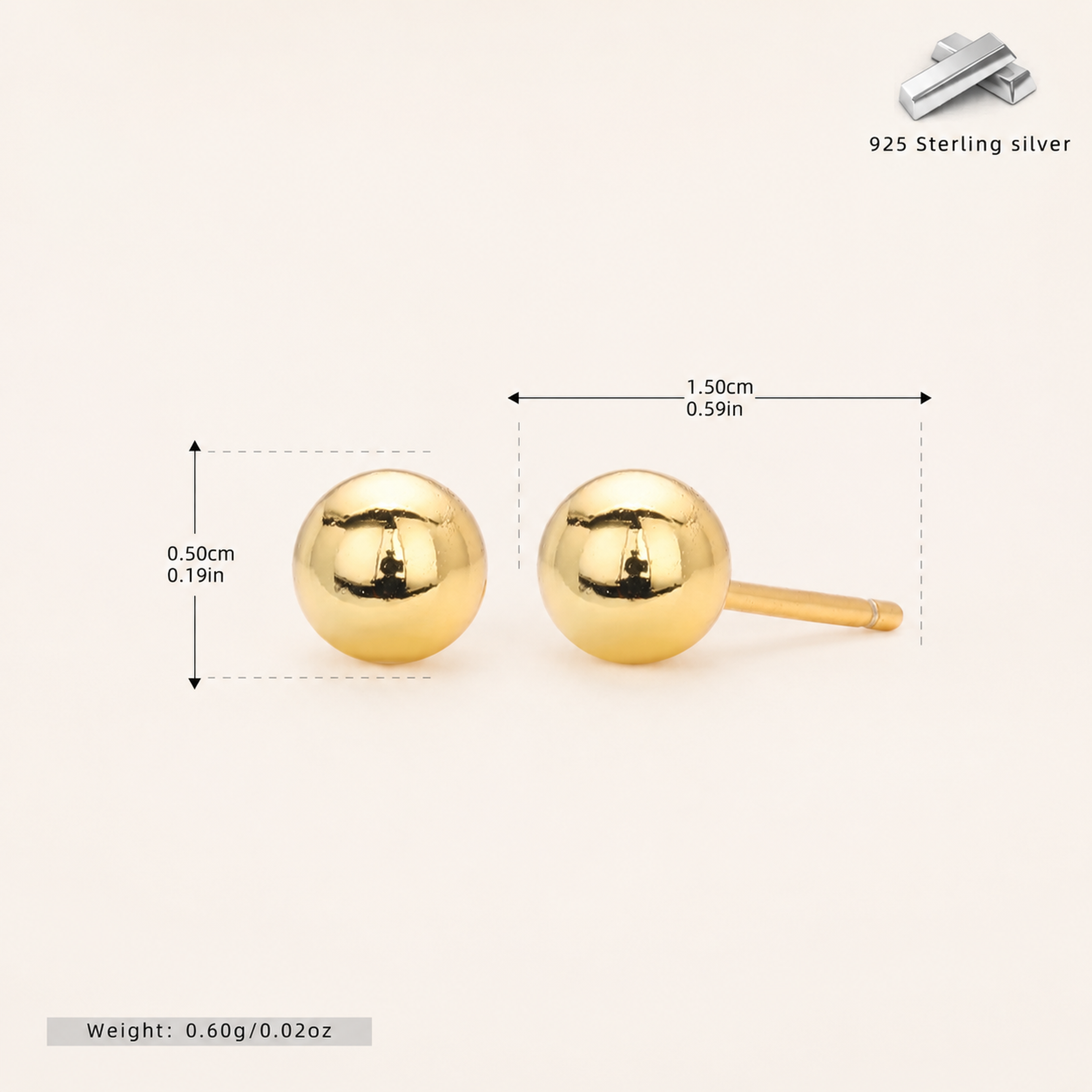 Sterling Silver Ball Bead Stud Earrings - Gold / 5mm