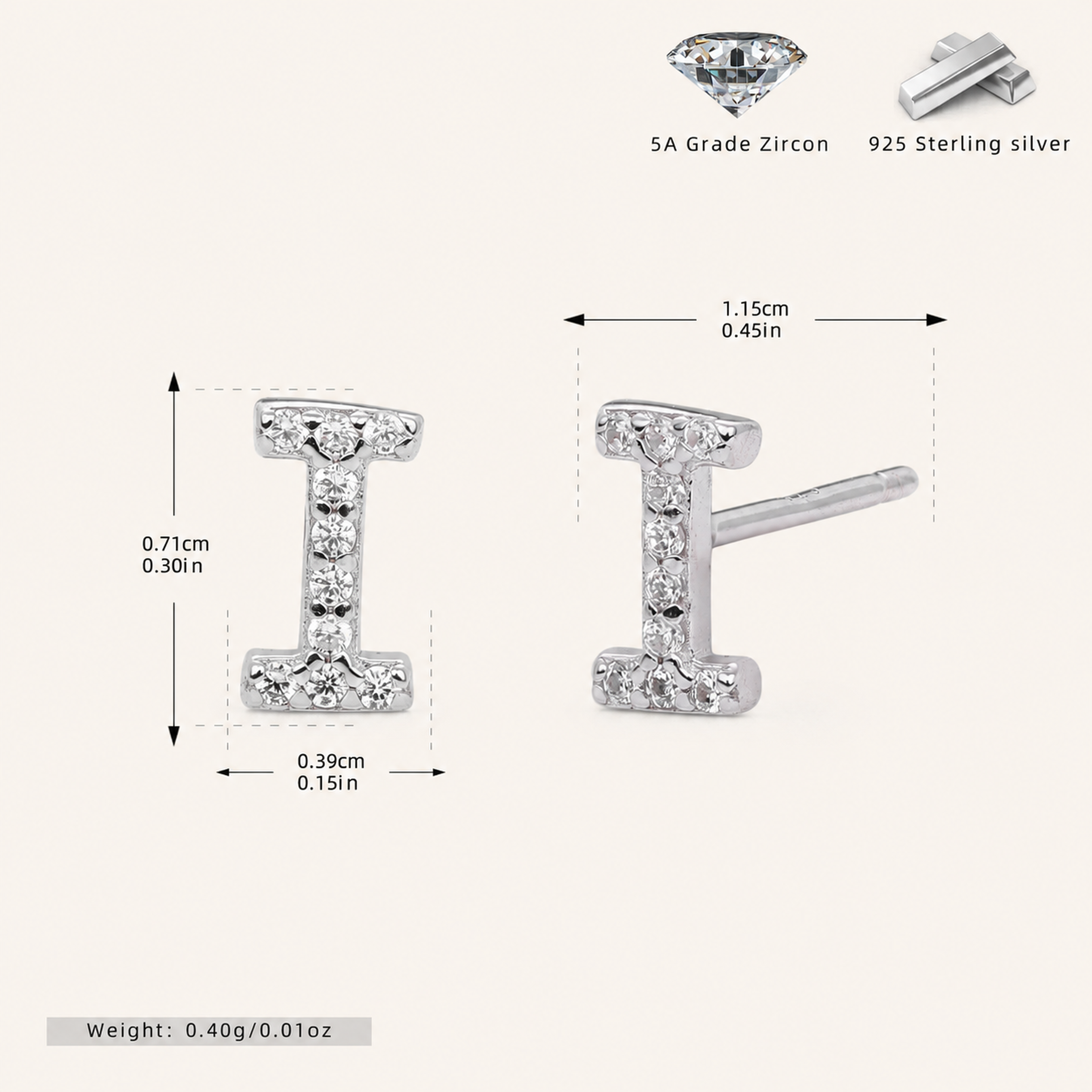 Sterling Silver Pave Initial Letter Stud Earrings - Platinum / I