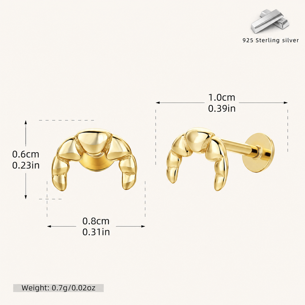 Sterling Silver Croissant Twist Flat Back Earrings - Gold