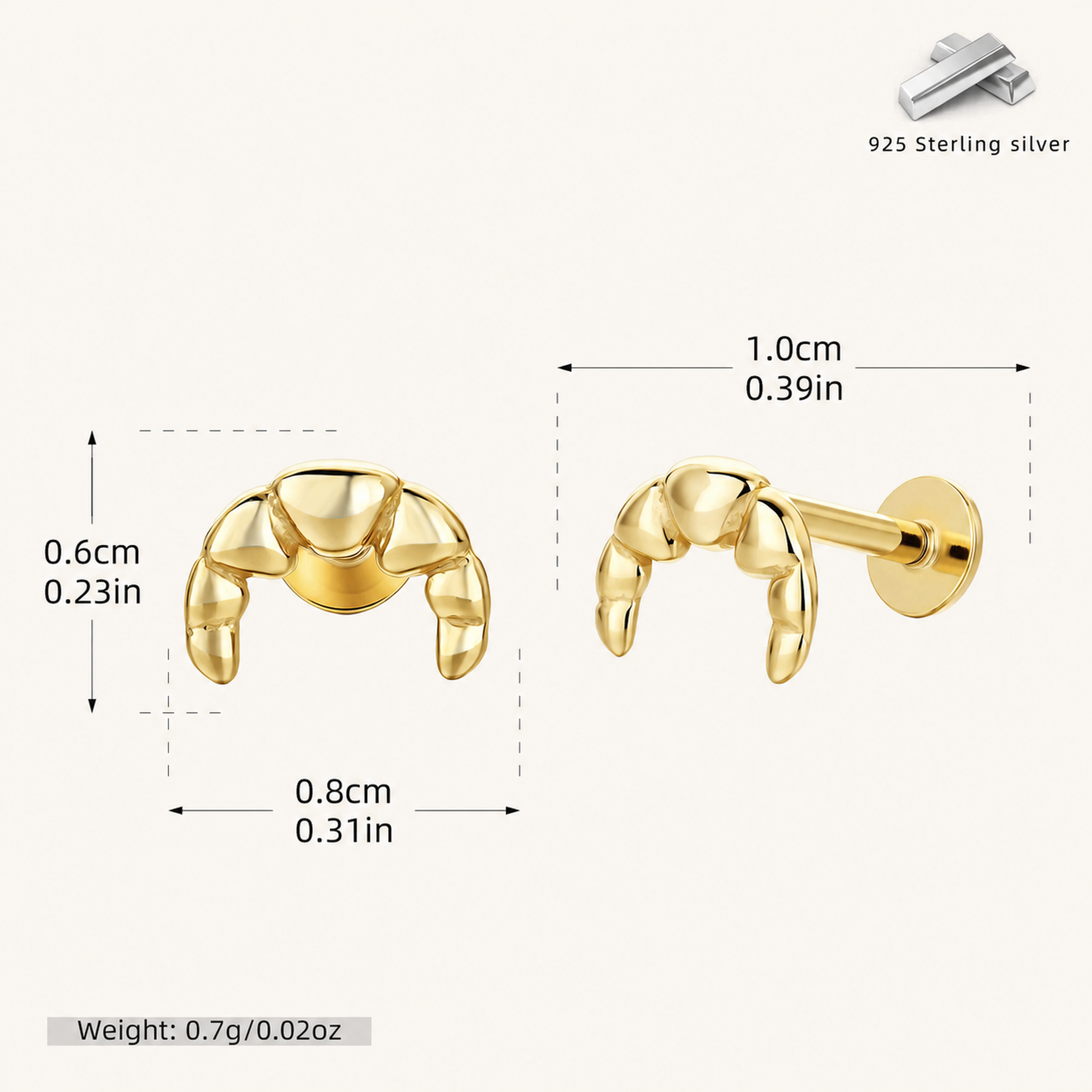 Sterling Silver Croissant Twist Flat Back Earrings - Gold