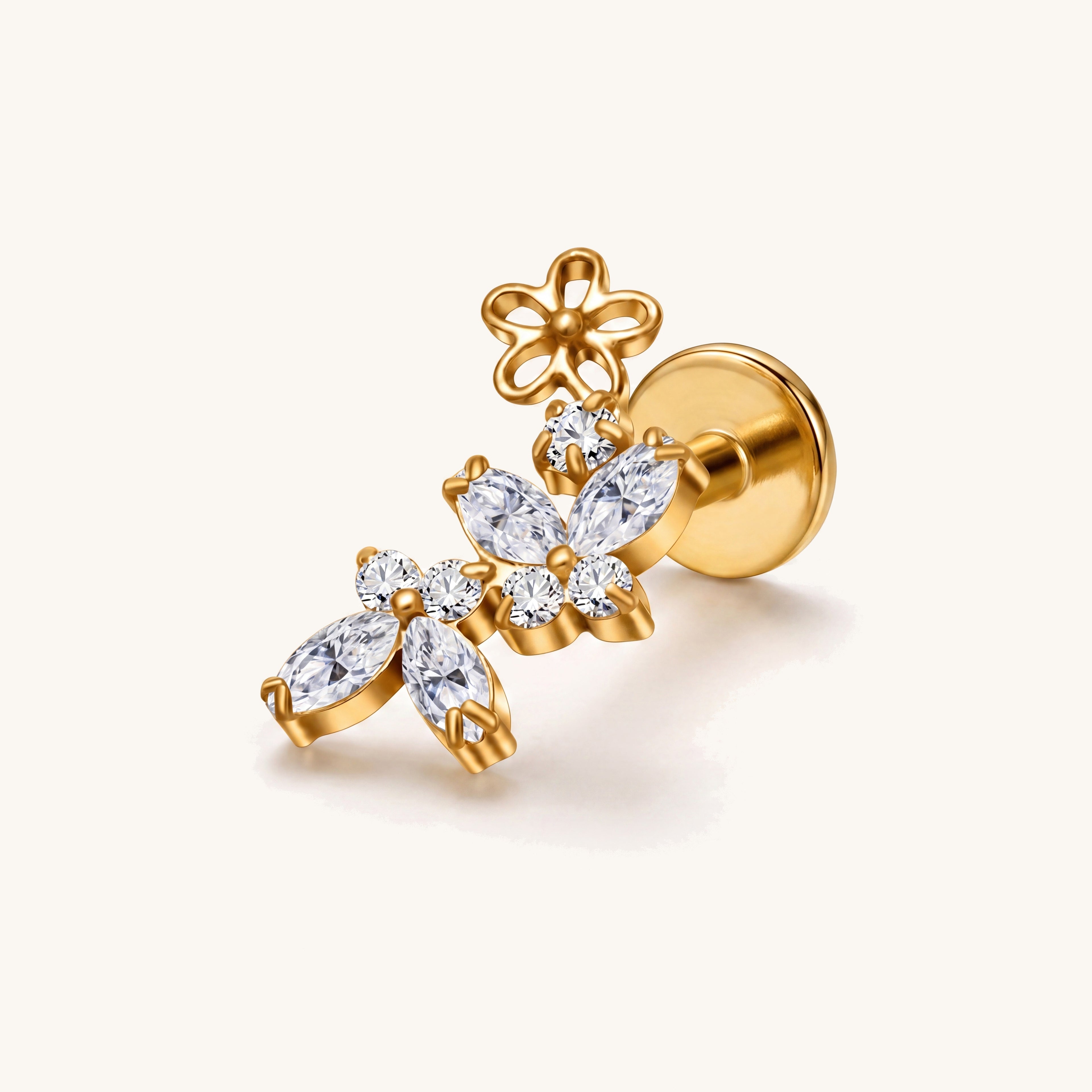 Butterfly Flower Crystal Titanium Flat Back Earring - Gold