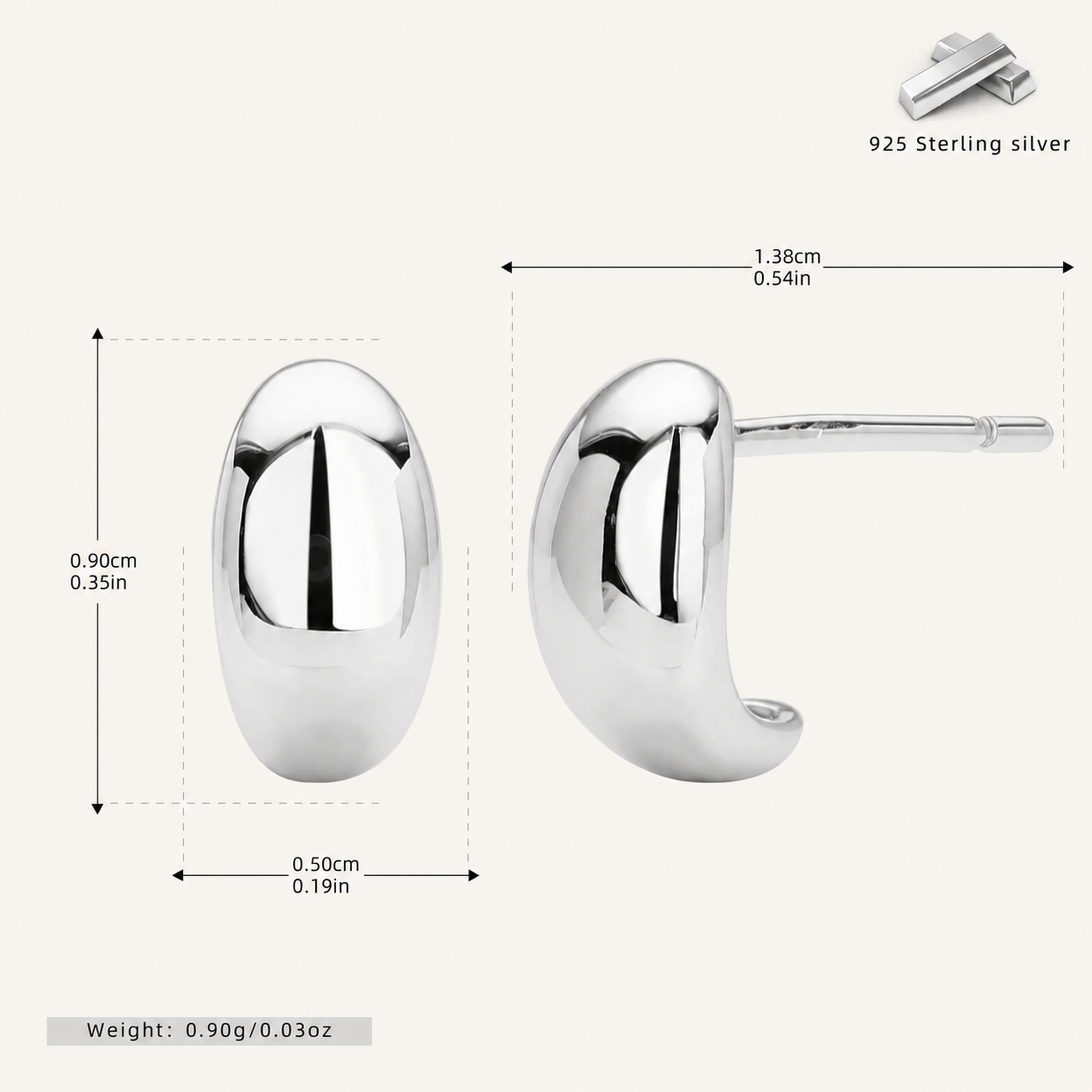 Sterling Silver Crescent Moon Ball Stud Earrings - Platinum