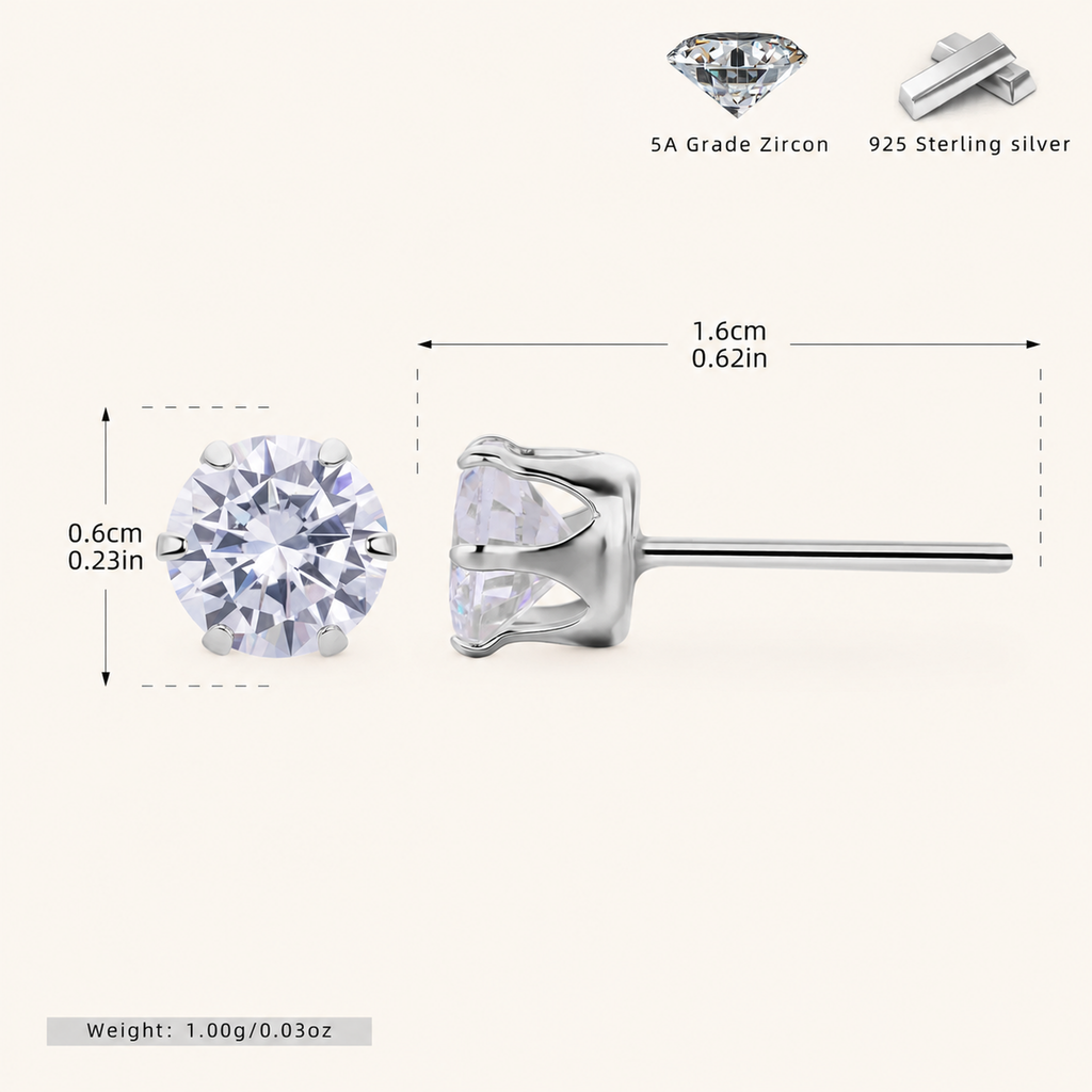 Sterling Silver Six-Prong Zirconia Stud Earrings - Platinum / 6mm