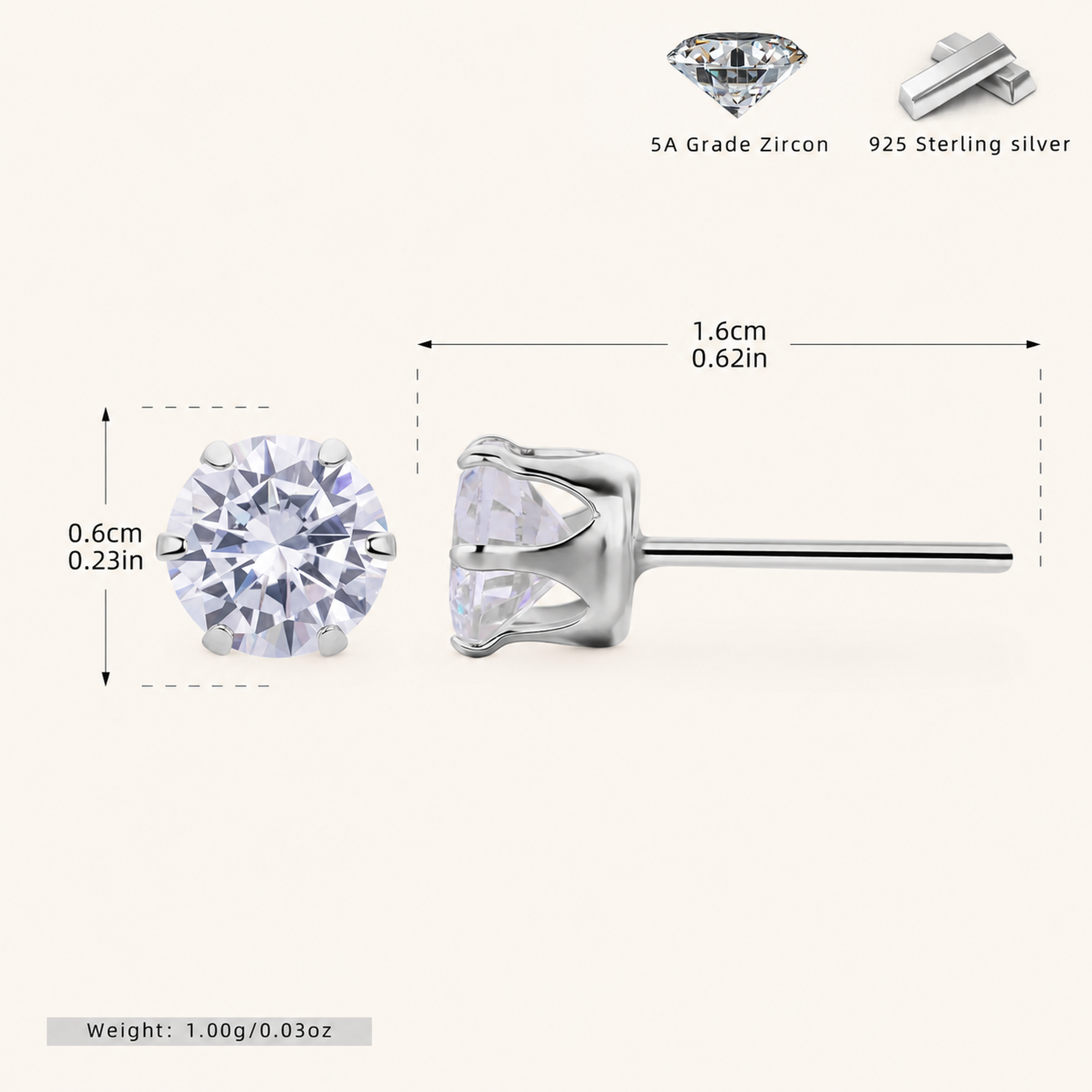Sterling Silver Six-Prong Zirconia Stud Earrings - Platinum / 6mm