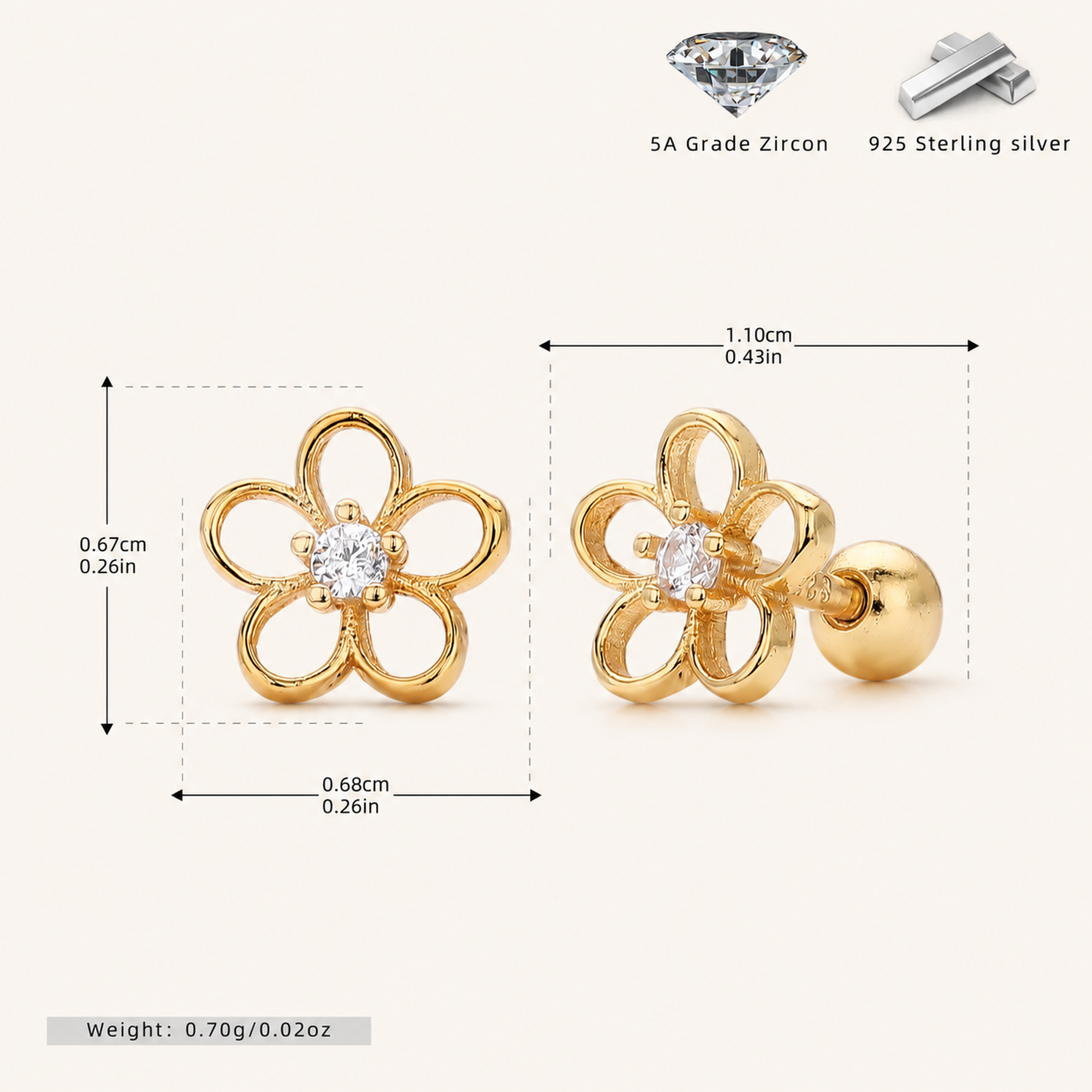 Sterling Silver Openwork Flower Flat Back Earrings - Gold